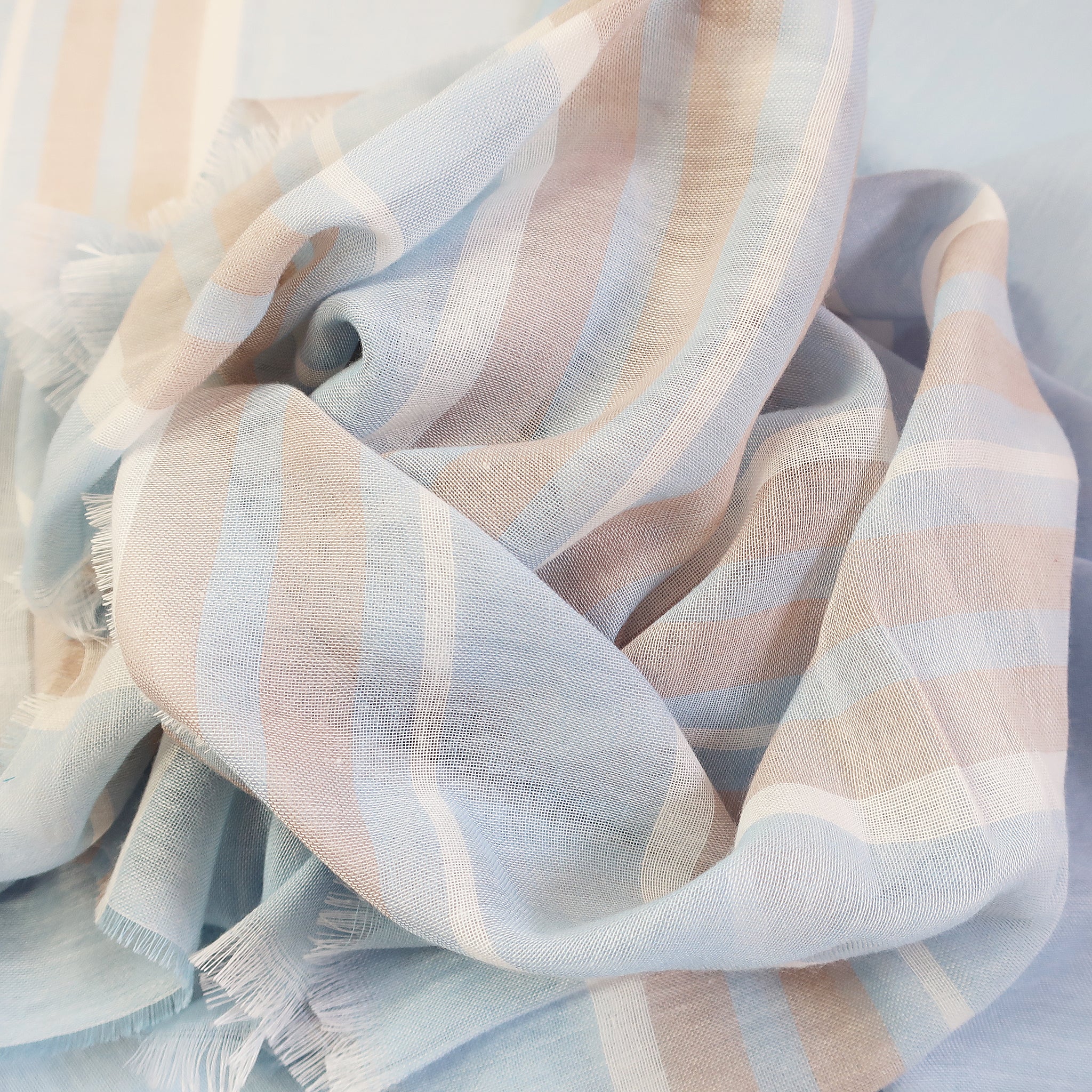 Blue Pacific Turkish Cotton Stripe Scarf in Powder Blue and Sand
