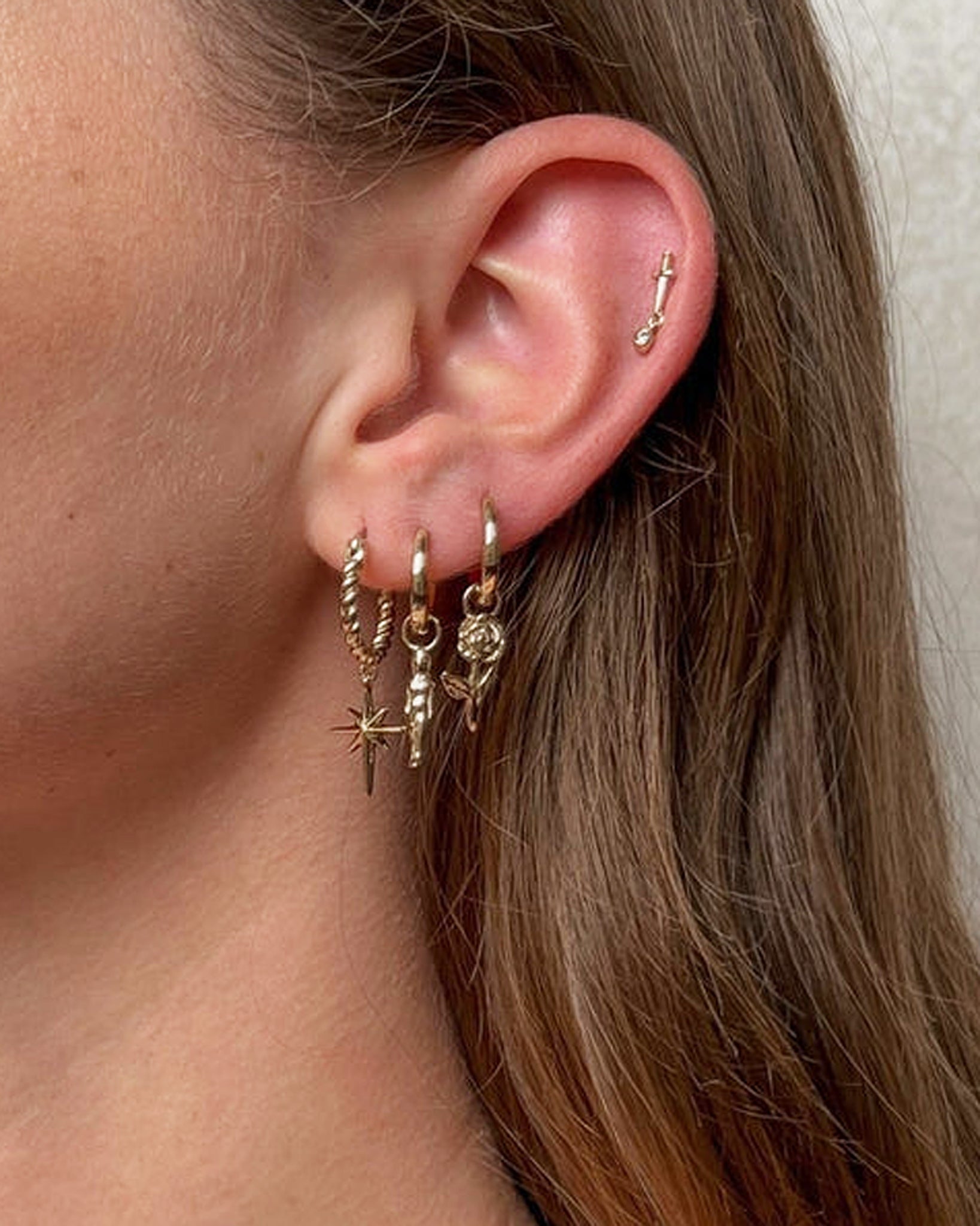 Five and Two Penny Flower Charm Huggie Hoop Earrings in 14k Gold Vermeil