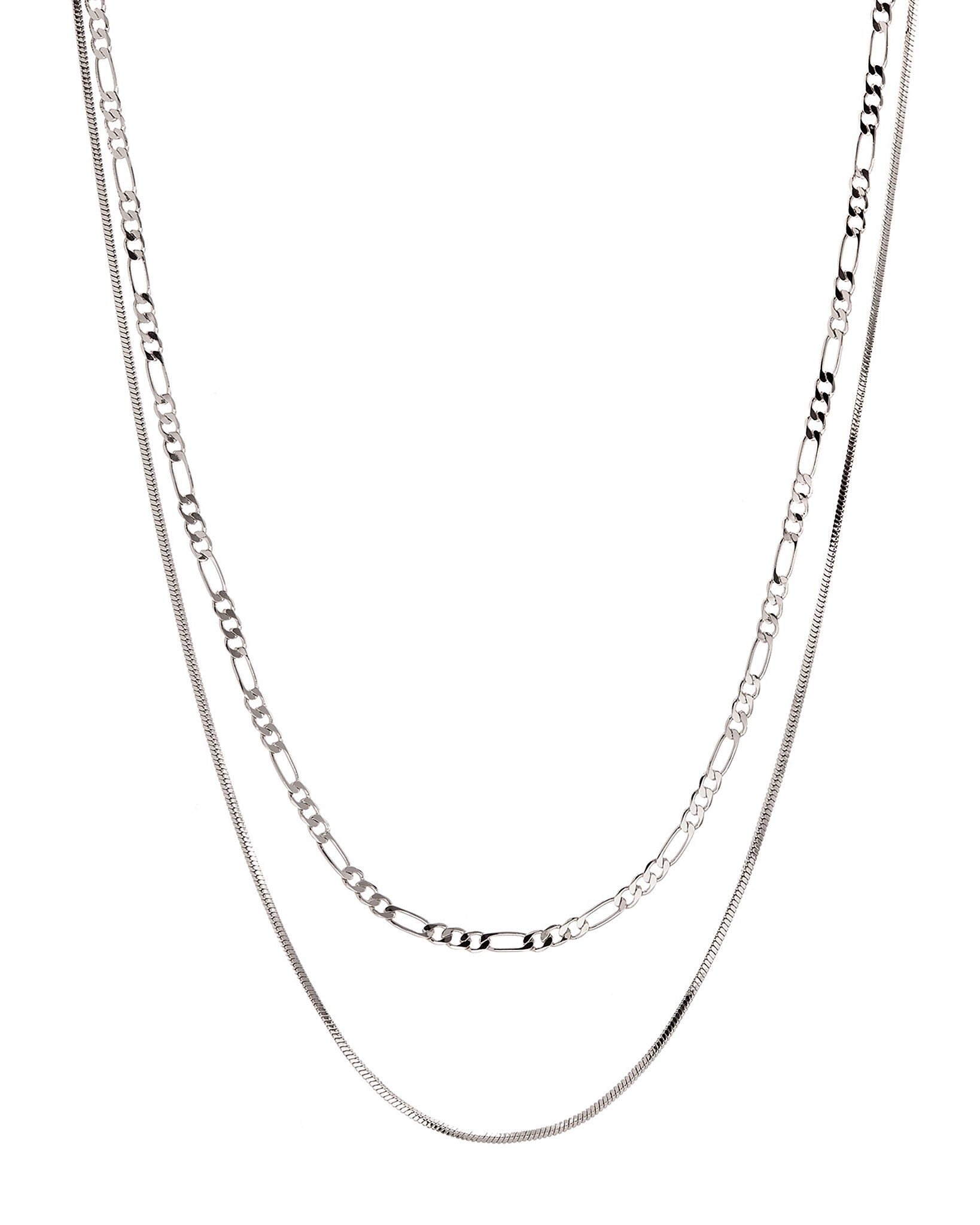 Luv Aj Cecilia Figaro and Herringbone Layering Double Chain Necklace in Rhodium