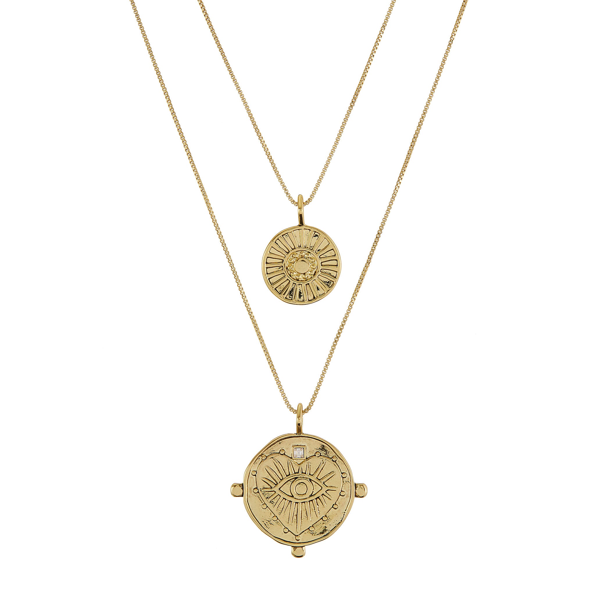 Luv Aj Evil Eye Double Coin Pendant Necklace Set in Crystal and 14k Antique Gold