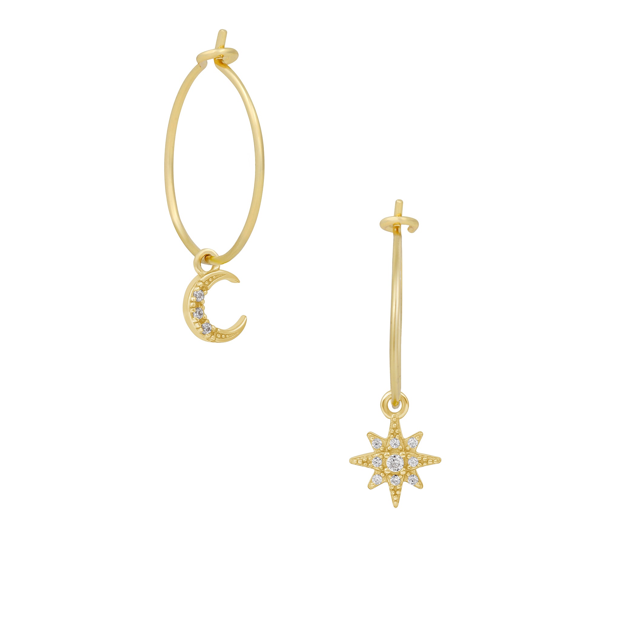 Five and Two Raye Hoop Star Moon Charm Earrings in 14k Gold Plated