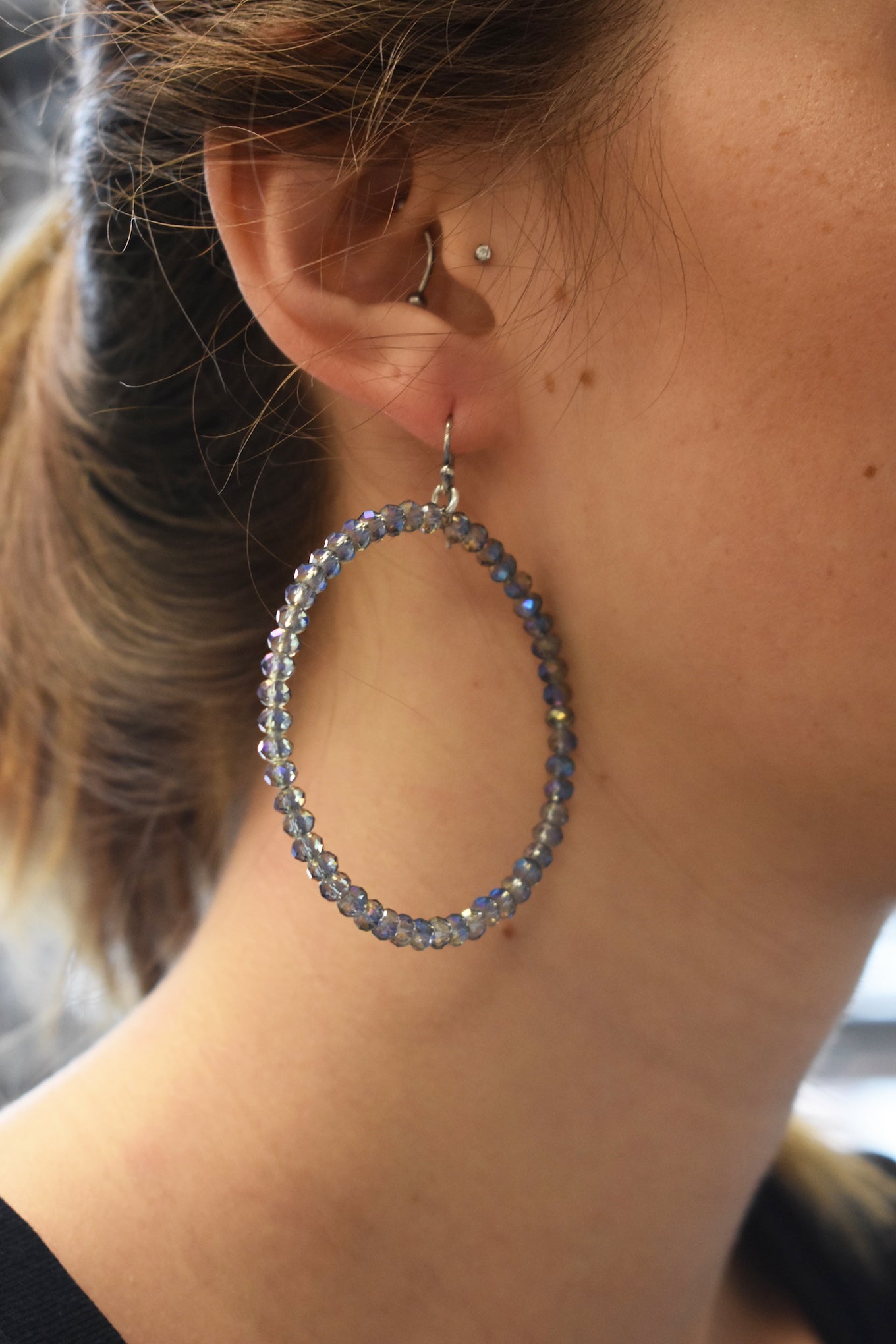 Chan Luu 2.25 Inch Silver Hoop Earrings in Allure Blue Crystals