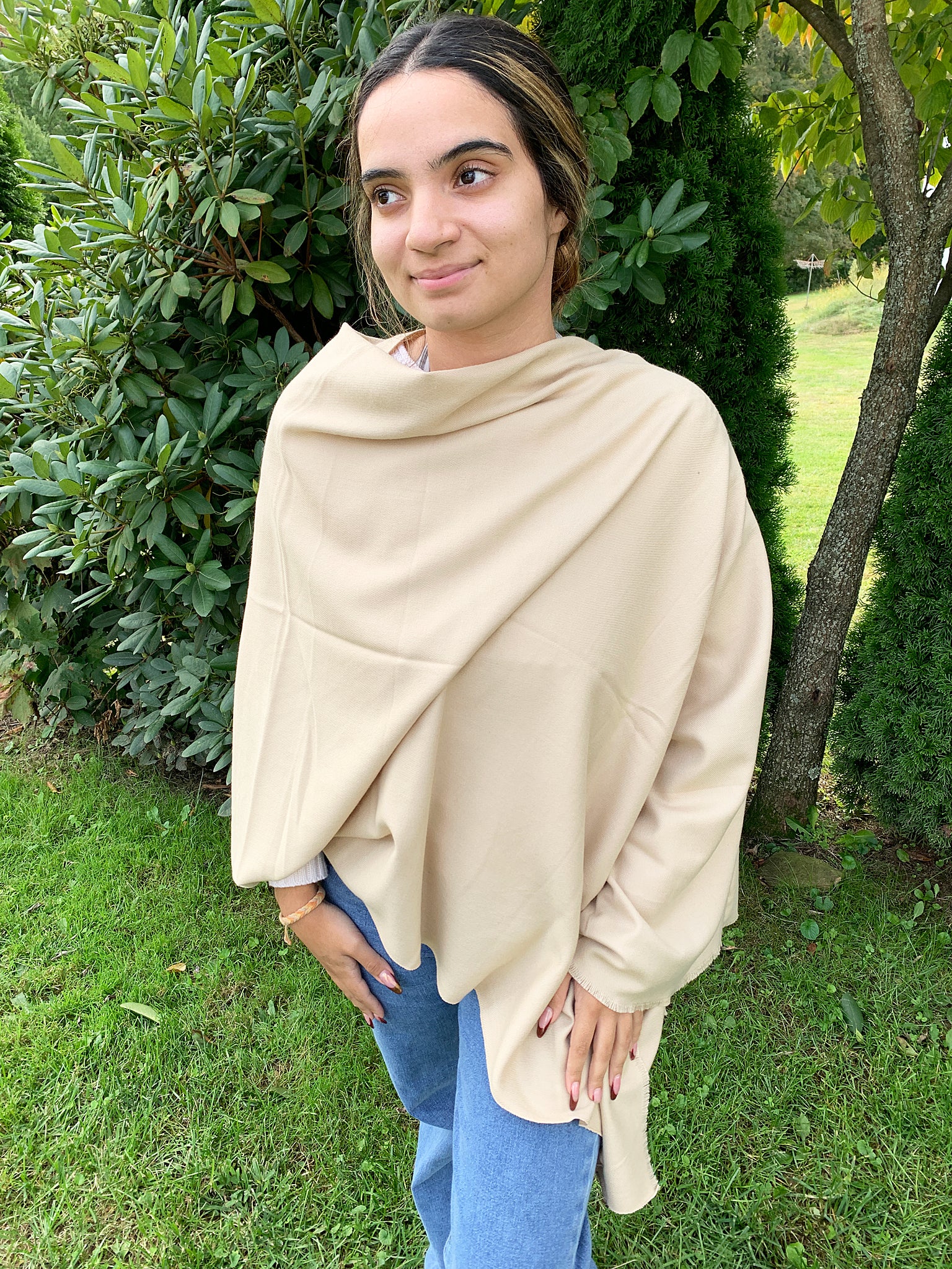 Blue Pacific Cashmere and Silk Poncho in Camel Tan