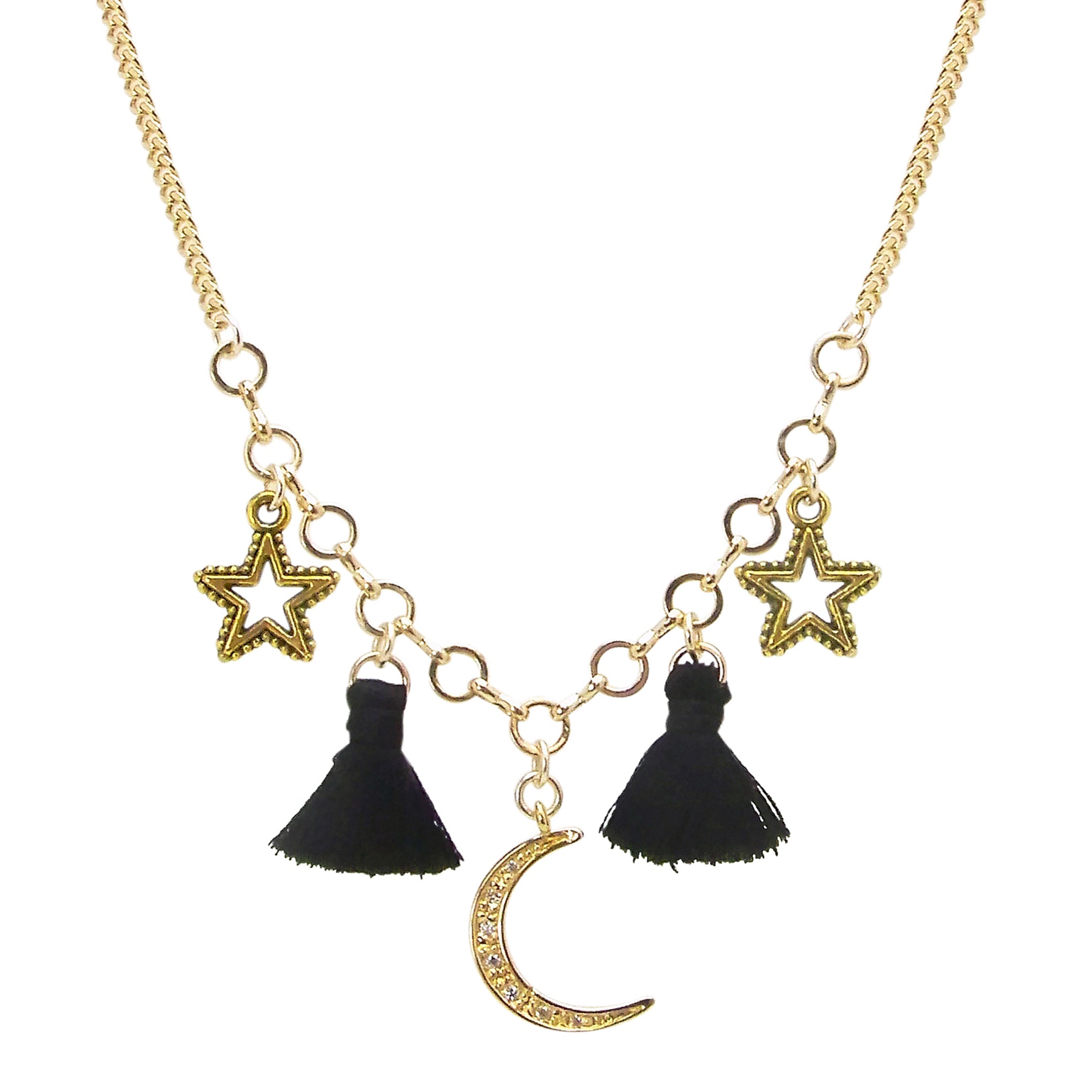 Yunis K Moon Stars and Tassel Necklace in Black and Gold Plated