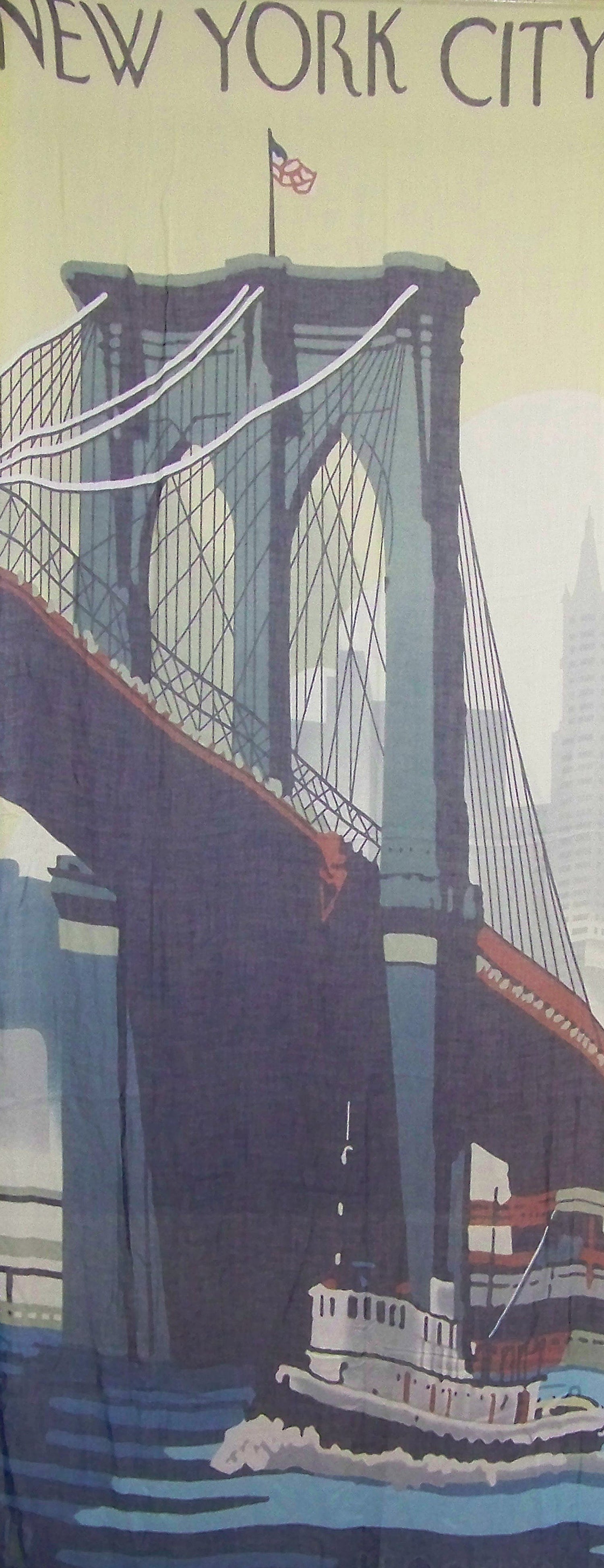 Full Scene View Blue Pacific Brooklyn Bridge New York Cashmere and Silk Scarf in Blue Yellow