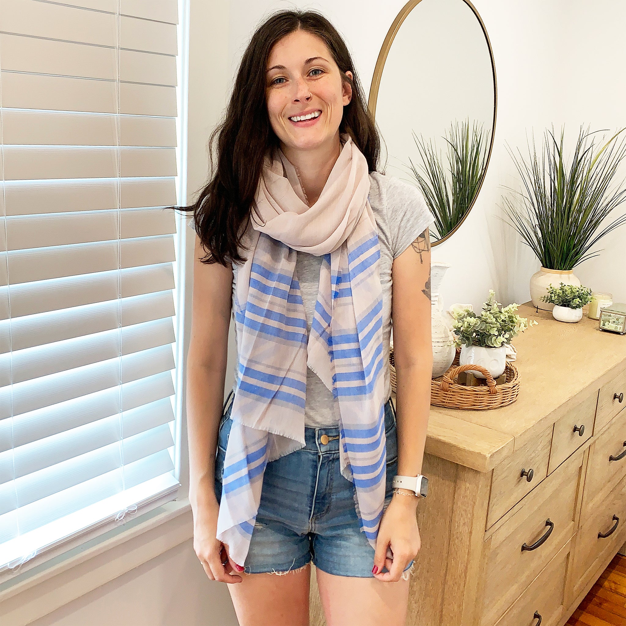 Blue Pacific Turkish Cotton Stripe Scarf in Wedgewood and Sand