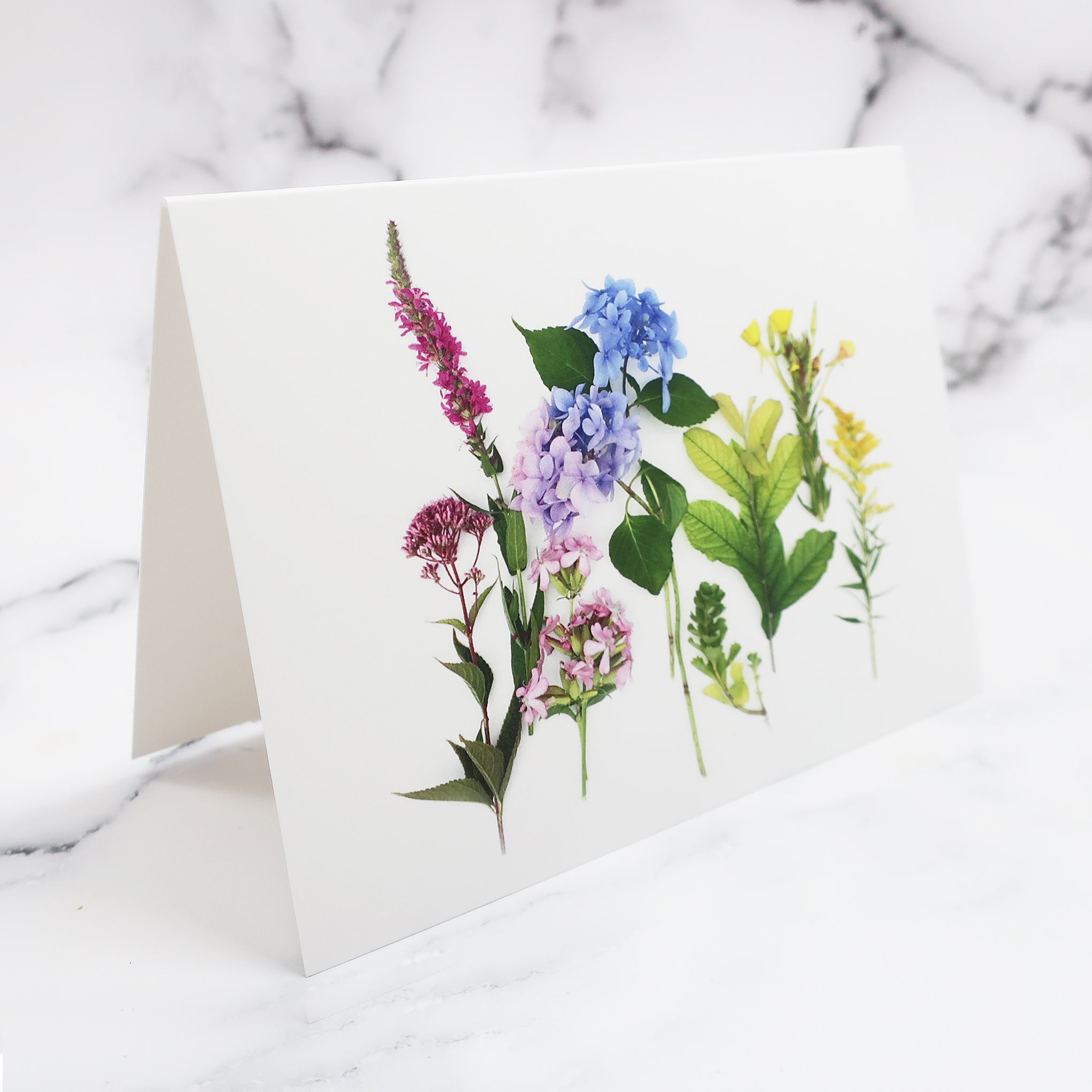 Blank Folding Greeting Card in Pink, Blue and Yellow Wildflowers of Summer