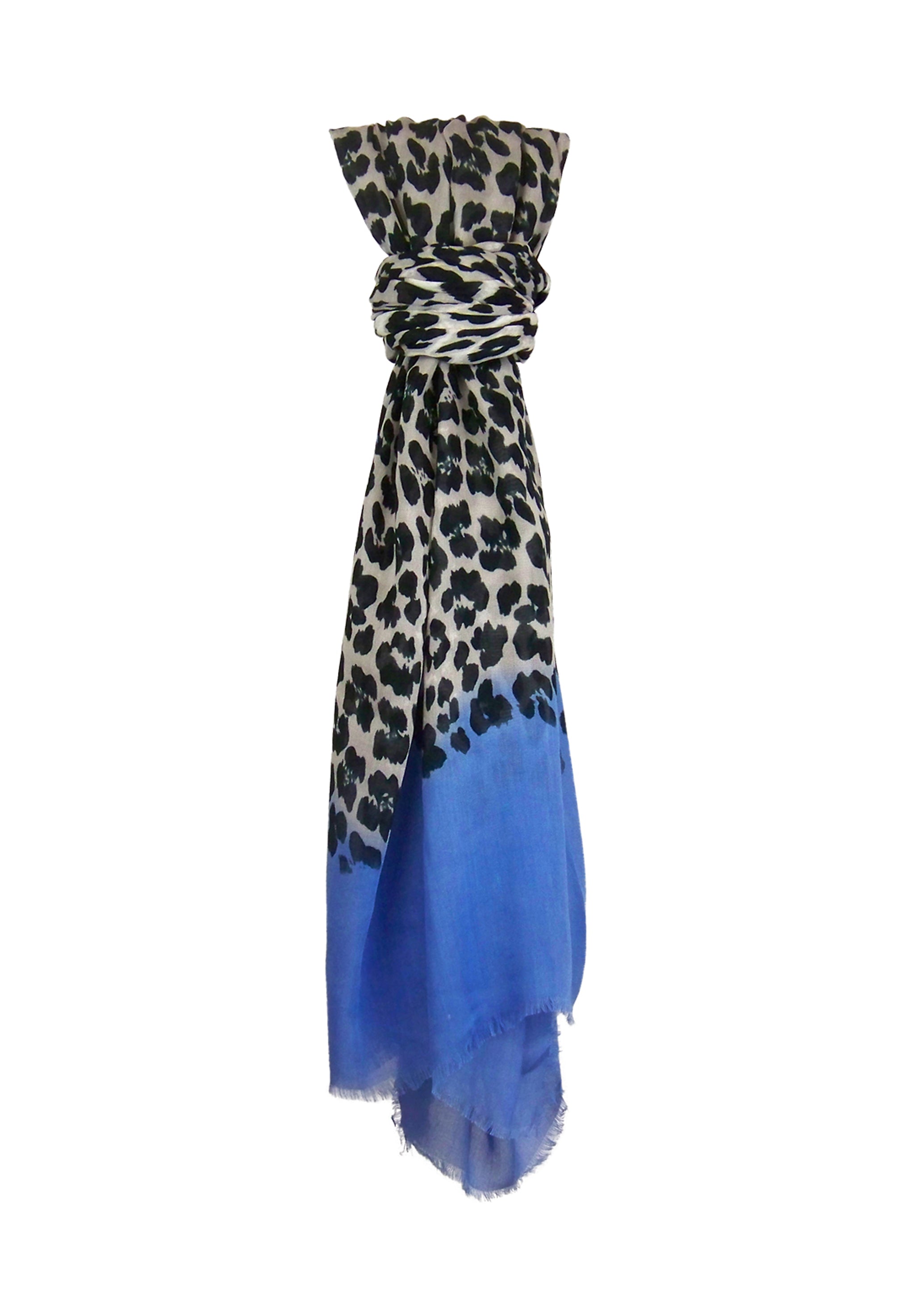 Blue Pacific Animal Print Cashmere Silk Scarf in Denim and Snow 78 x 22