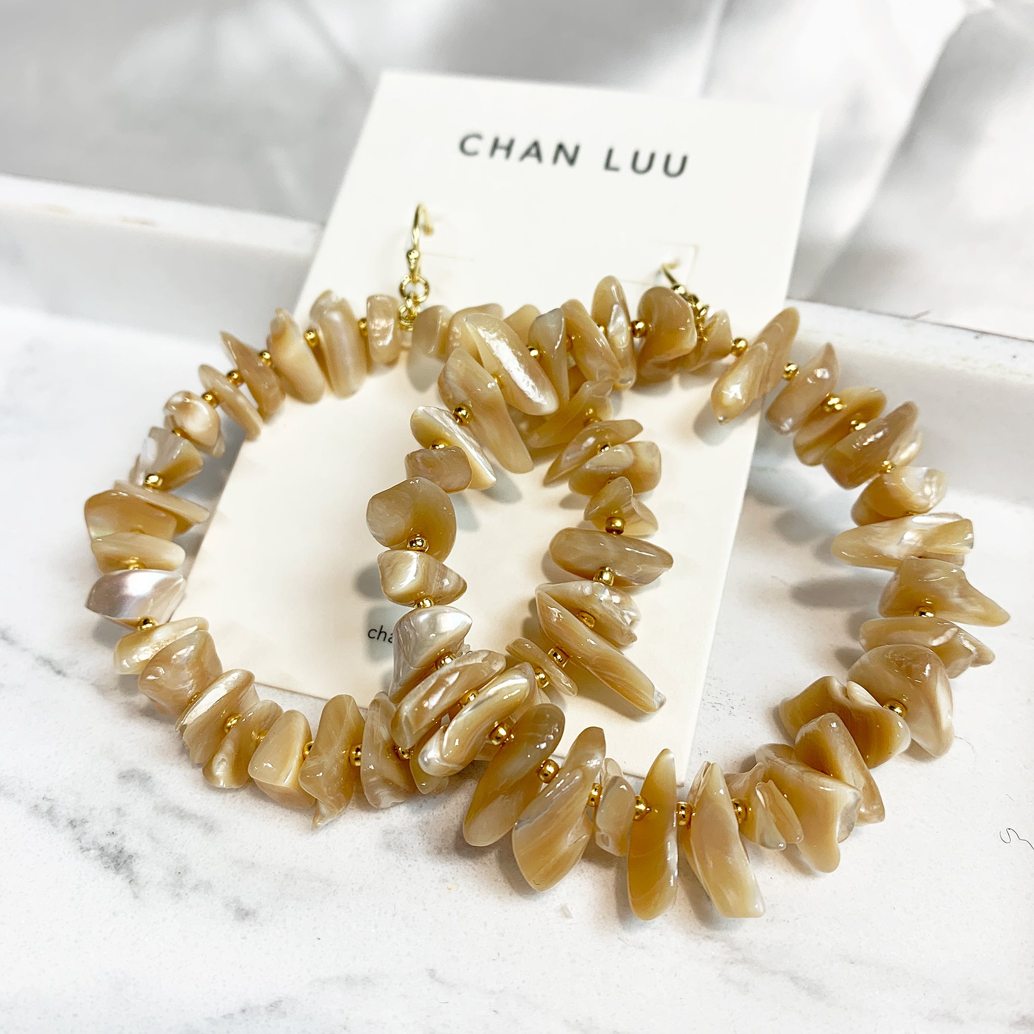 Chan Luu Seychelles Statement Hoop Earrings in Natural Mother of Pearl and Gold