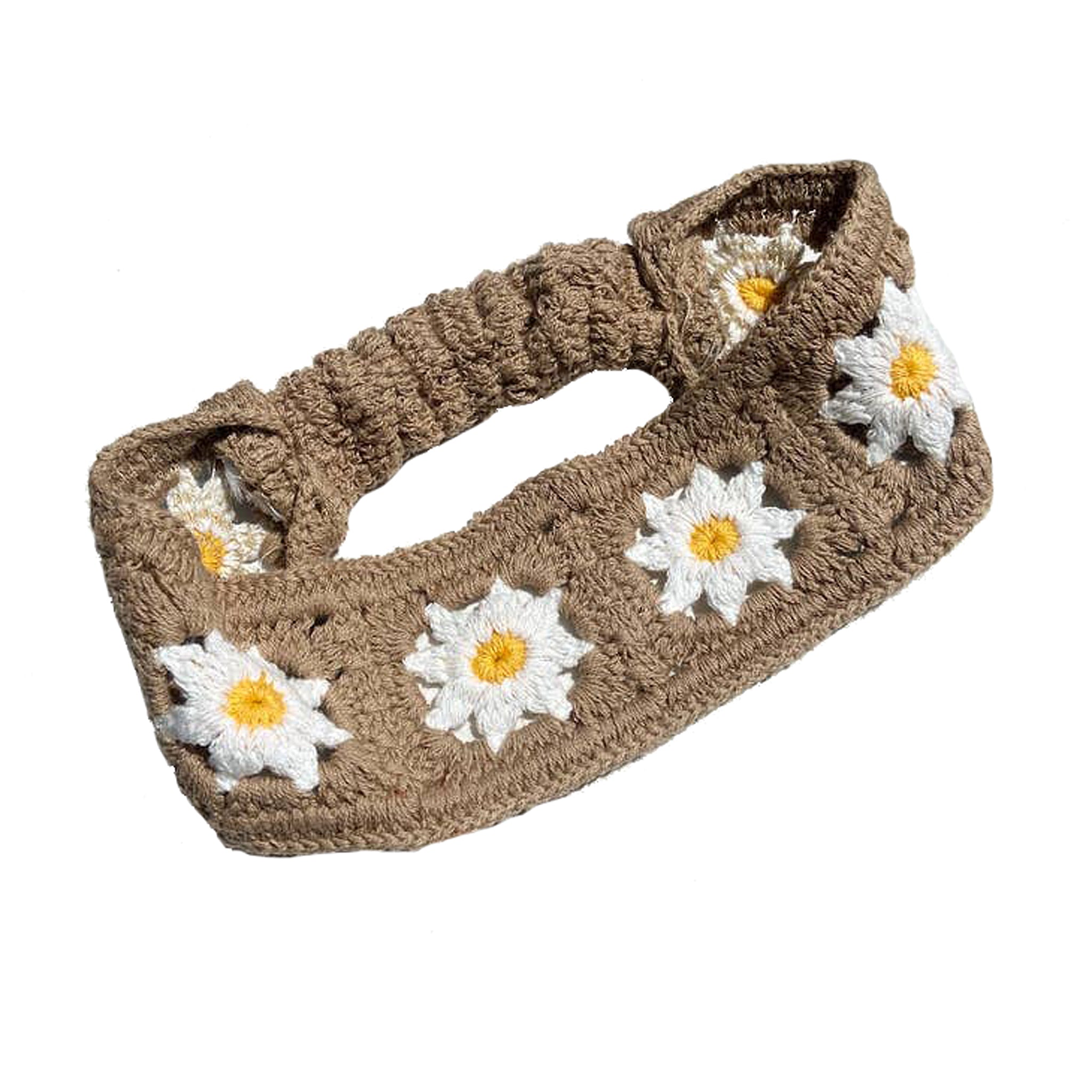 Solar Eclipse Floral Western Hand Knit Crochet Hair Headband in Beige