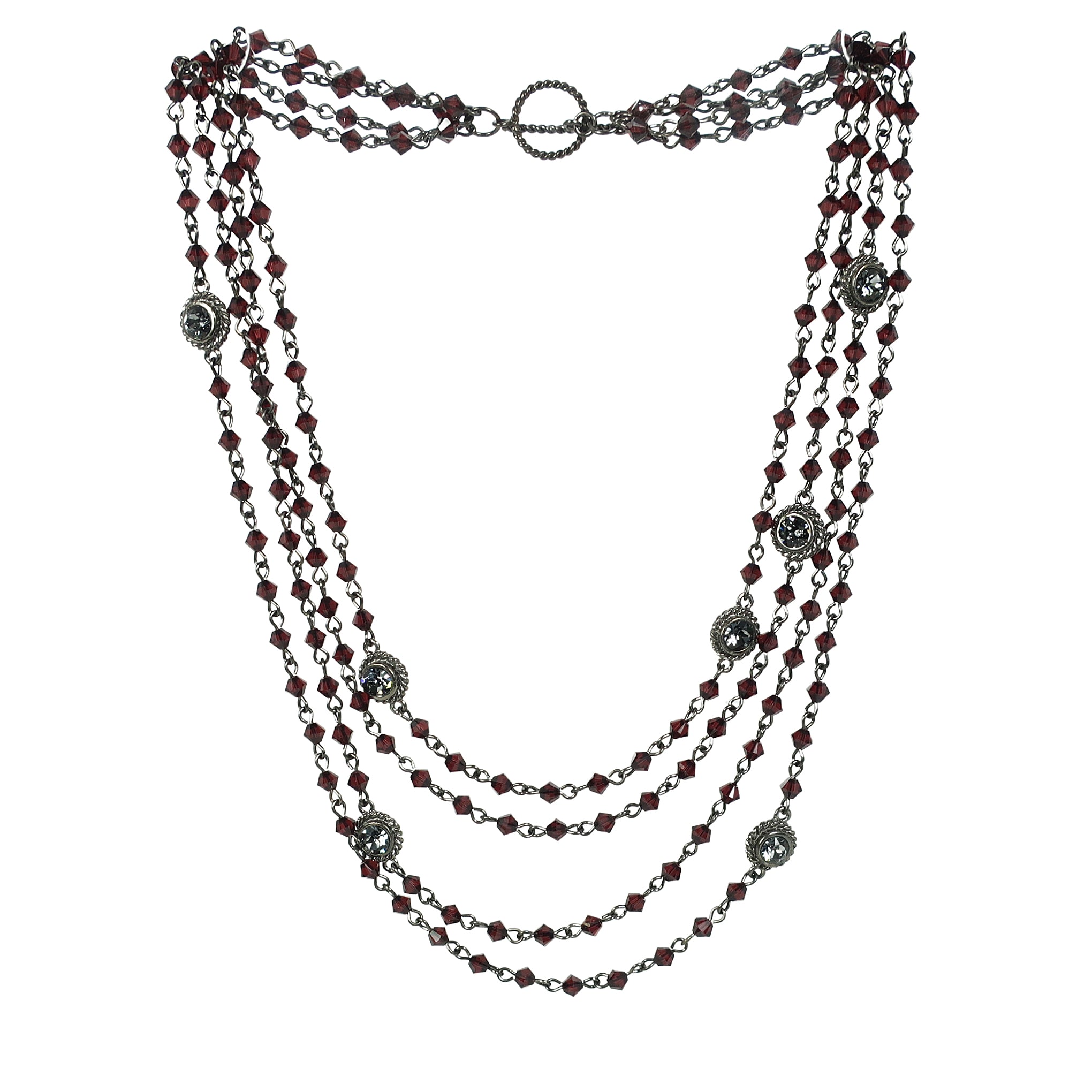 VSA Magdalena Statement Necklace in Gunmetal and 4mm Bicone Burgundy Crystal