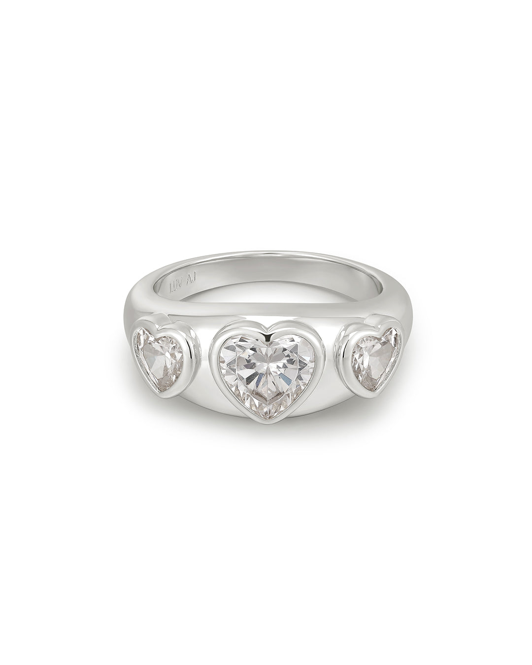 Luv Aj Bezel Heart Signet Multi Stone Ring in Rhodium Plated in Clear CZ Size 6