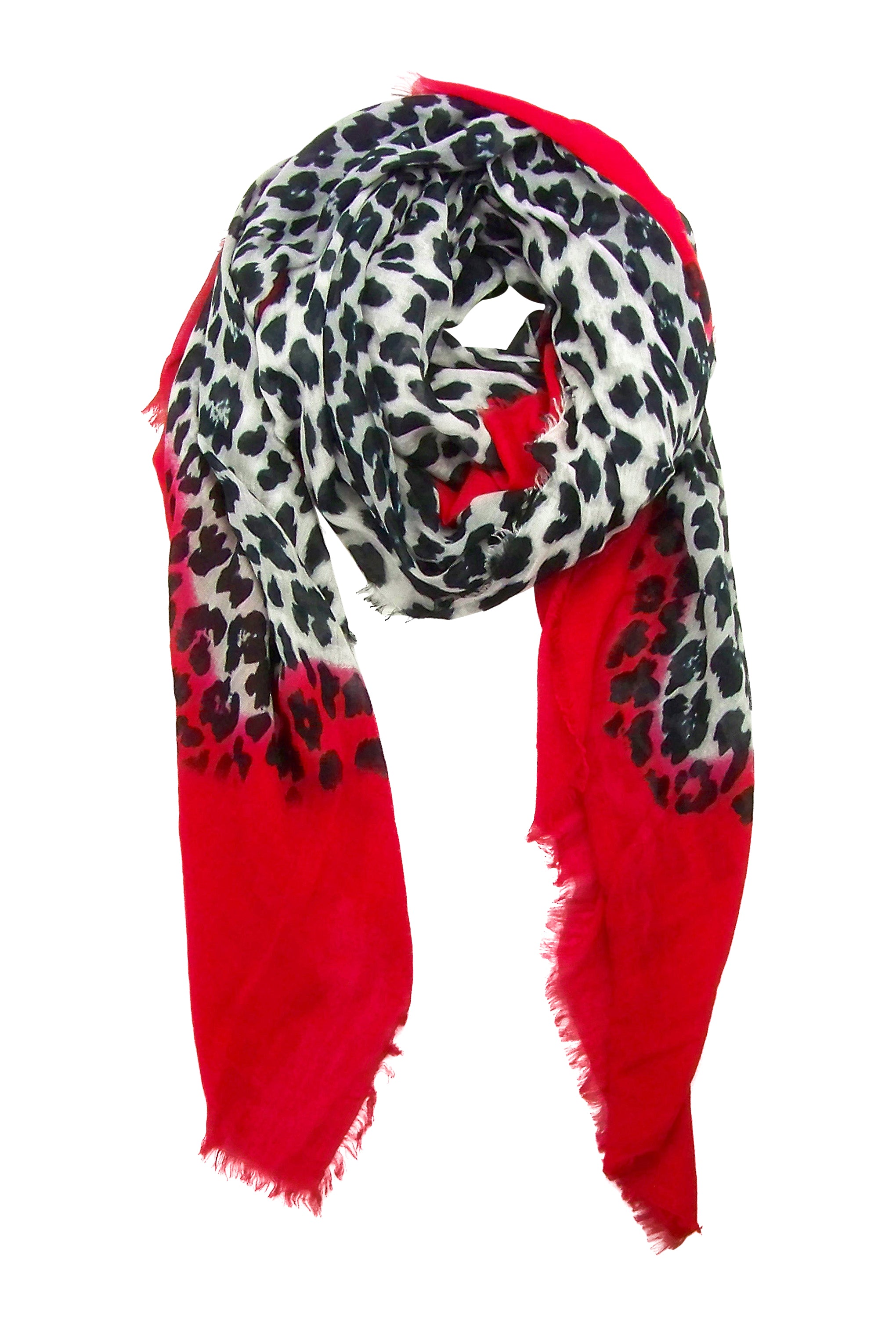 Primary Rolled Blue Pacific Animal Print Cashmere and Silk Scarf in Bright Red and Snow Grey