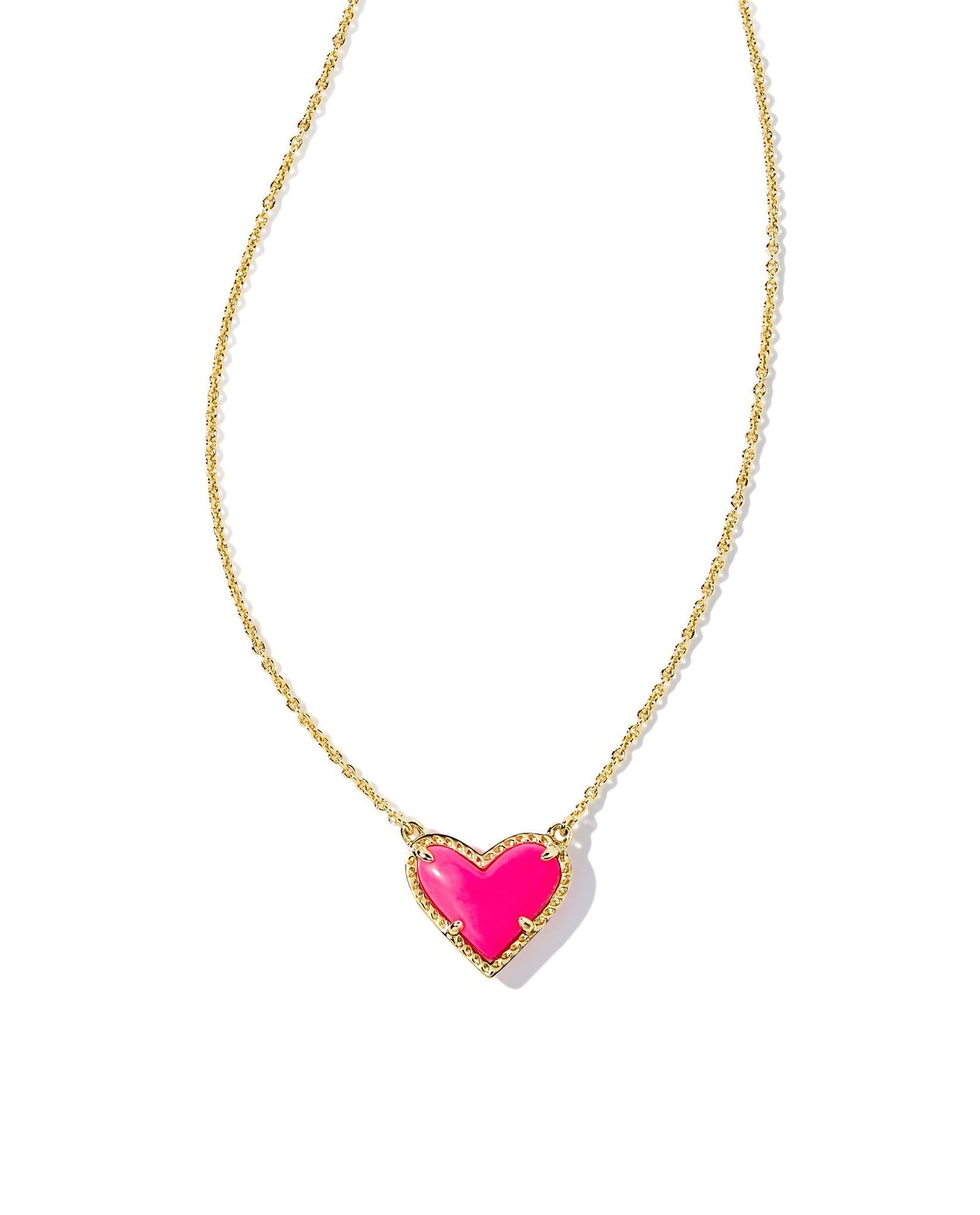 Kendra Scott Ari Heart Pendant Necklace in Neon Pink Magnesite and Gold Plated