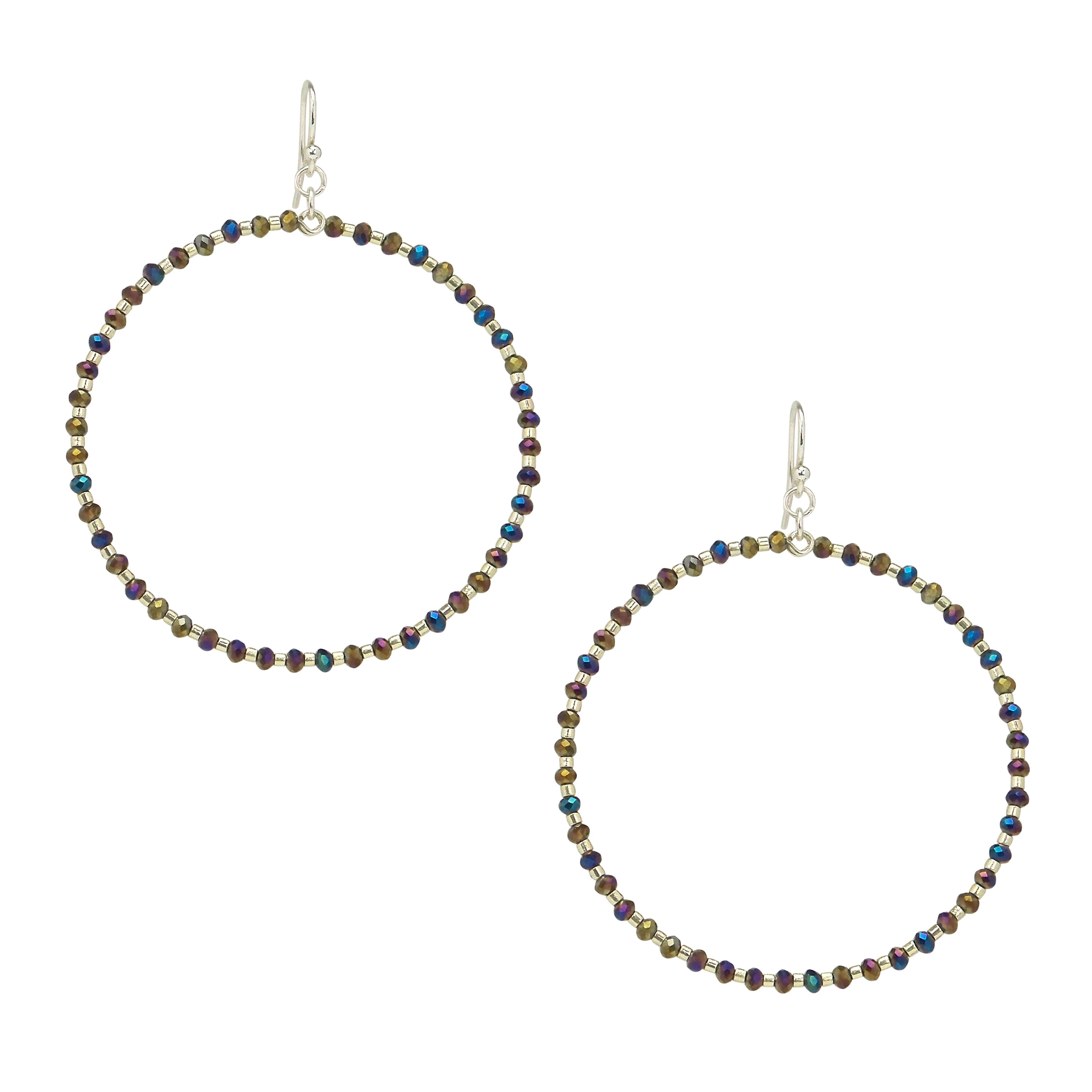 image of Chan Luu Silver Hoop Earrings with Twilight Crystals and Silver Seed Beads
