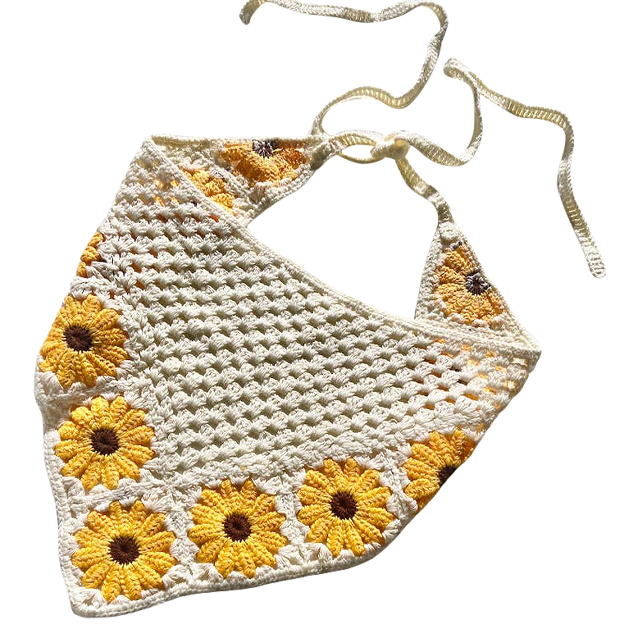 Solar Eclipse Daisy Floral Hand Knit Crochet Hair Scarf in White