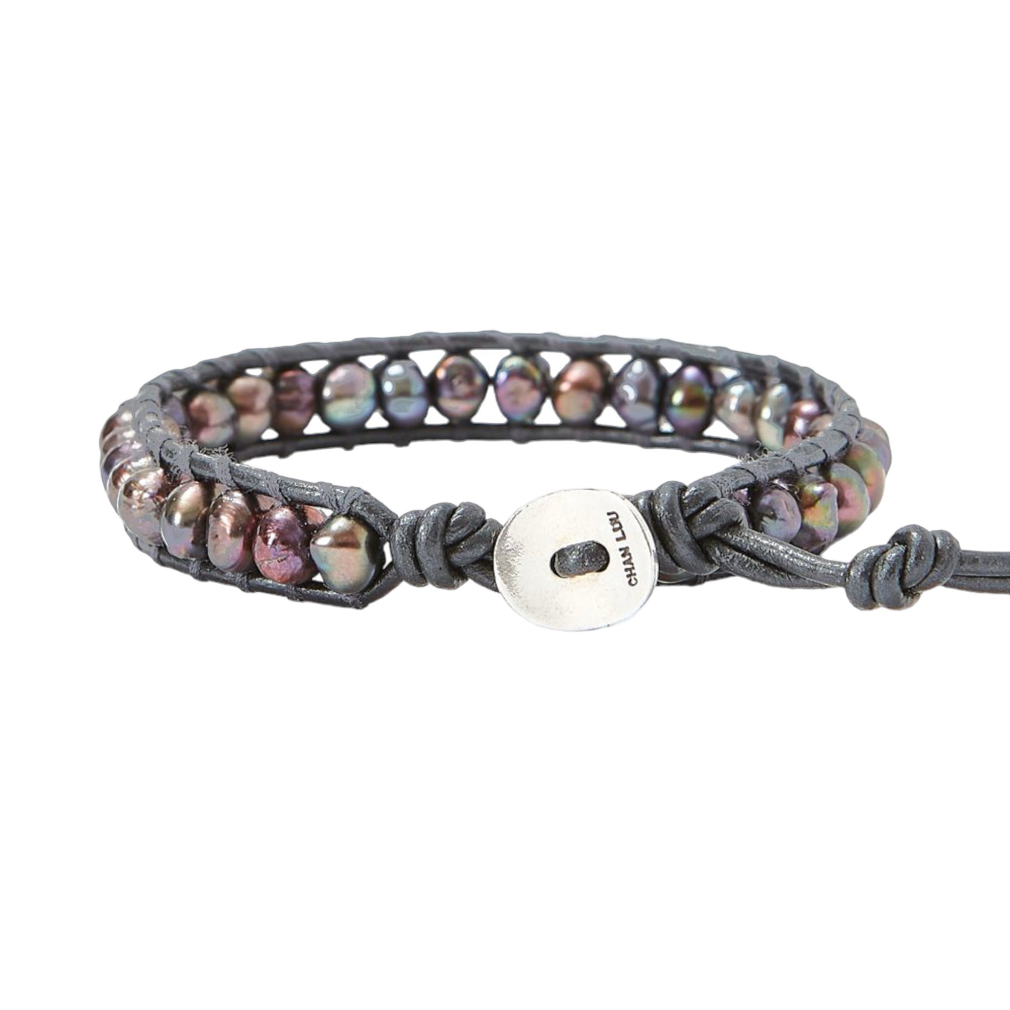 Chan Luu Single Wrap Bracelet with Peacock Pearl and Silver on Gunmetal Leather