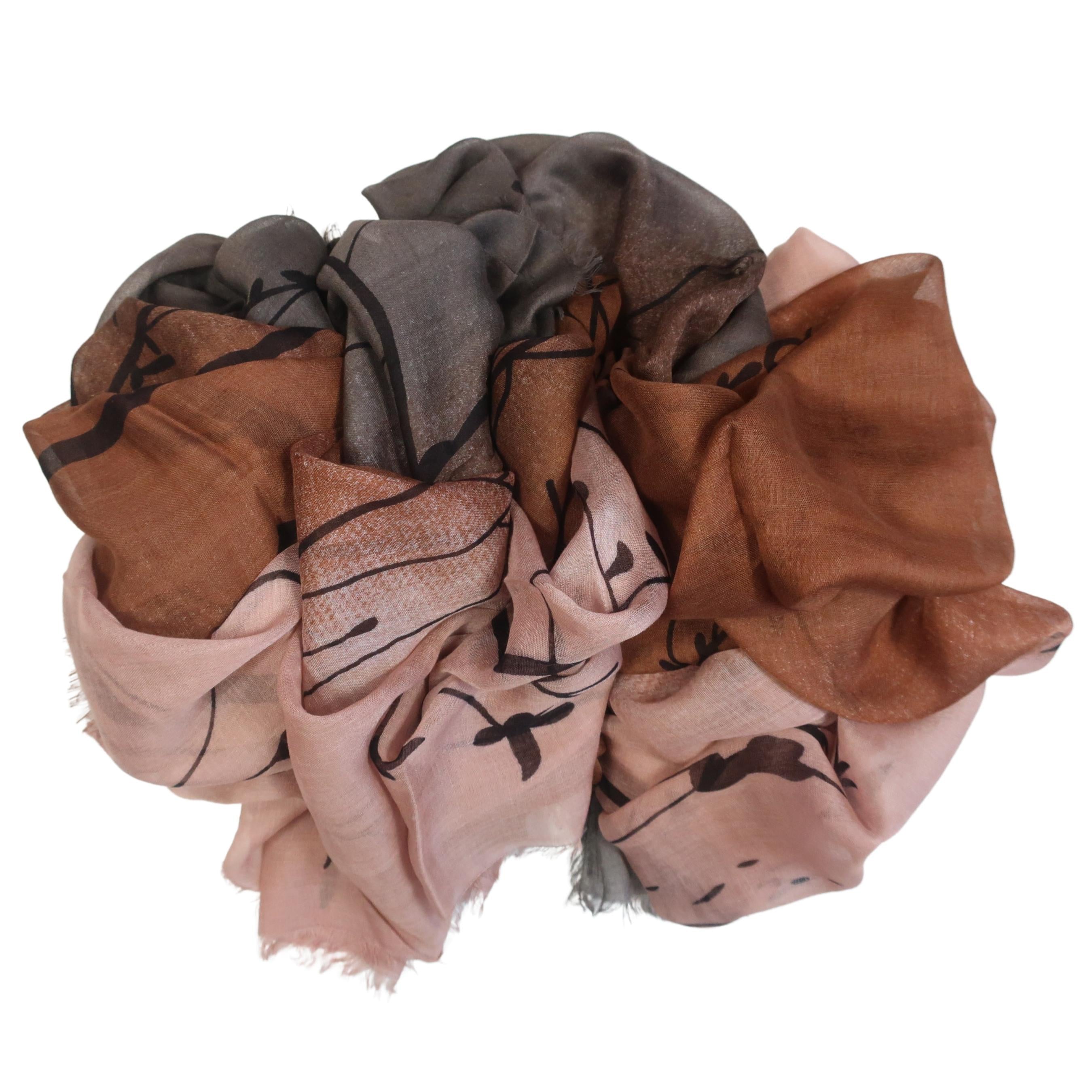 Blue Pacific Tree Print Cashmere and Silk Scarf in Taupe & Rust