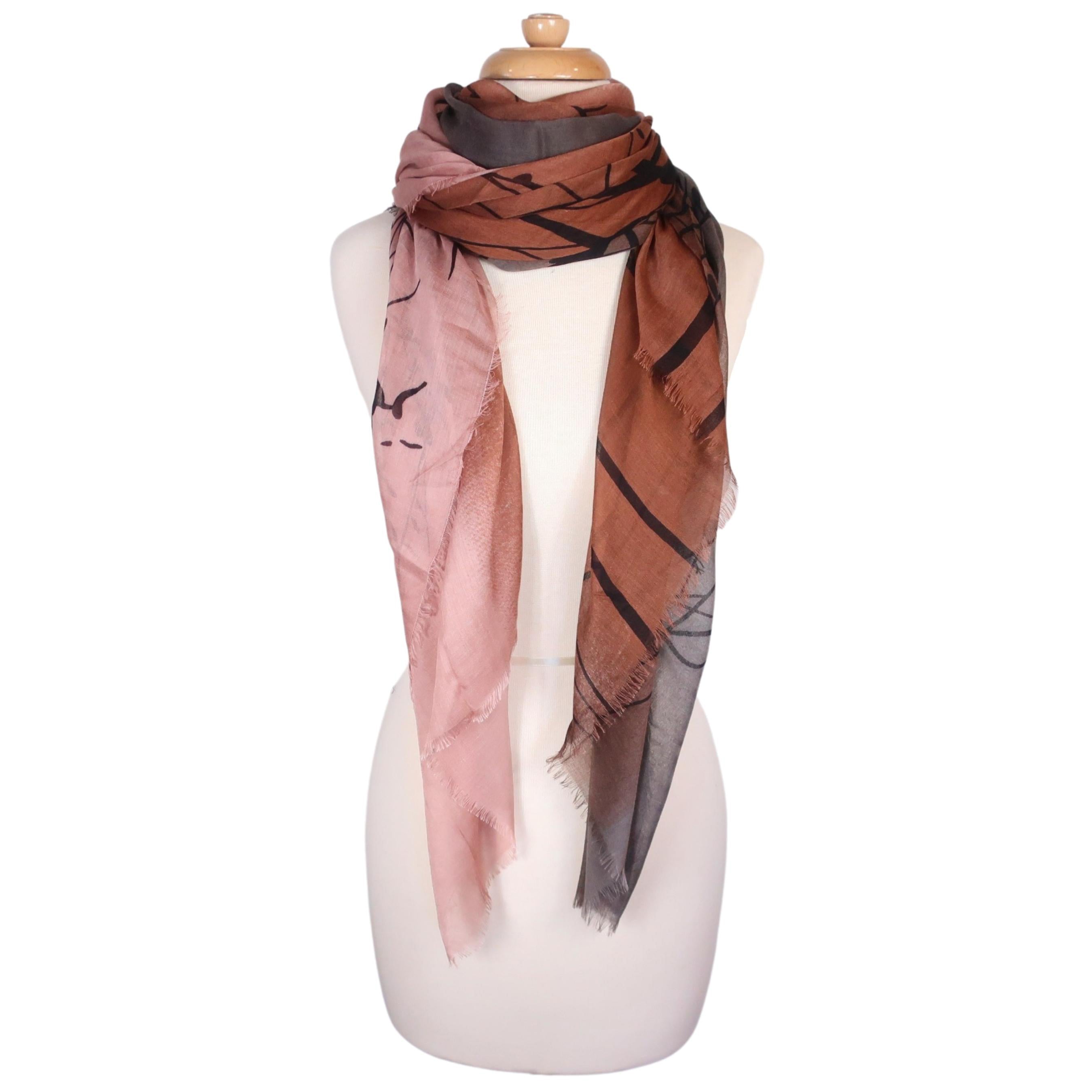 Blue Pacific Tree Print Cashmere and Silk Scarf in Taupe & Rust