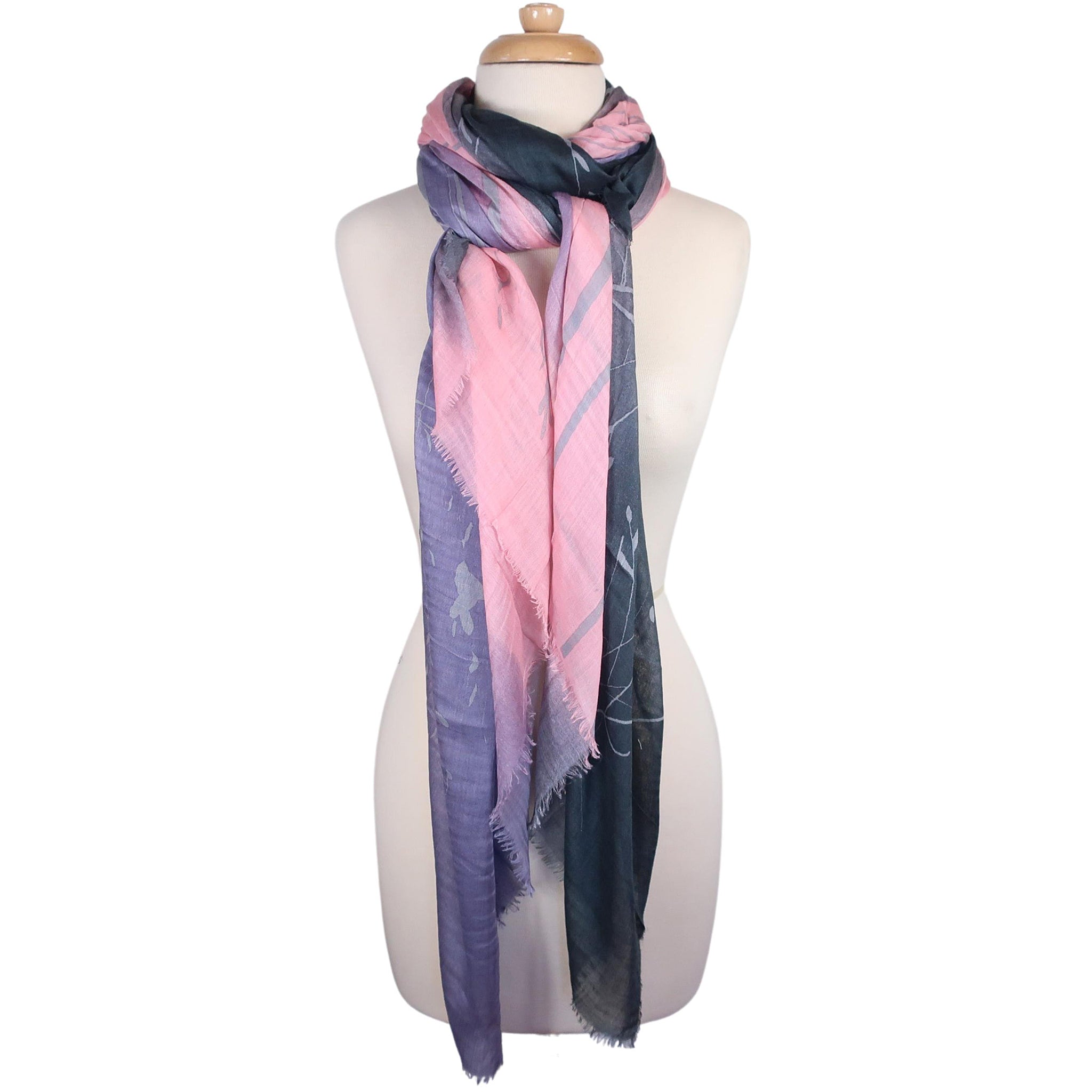 Blue Pacific Tree Print Cashmere and Silk Scarf in Denim and Pink