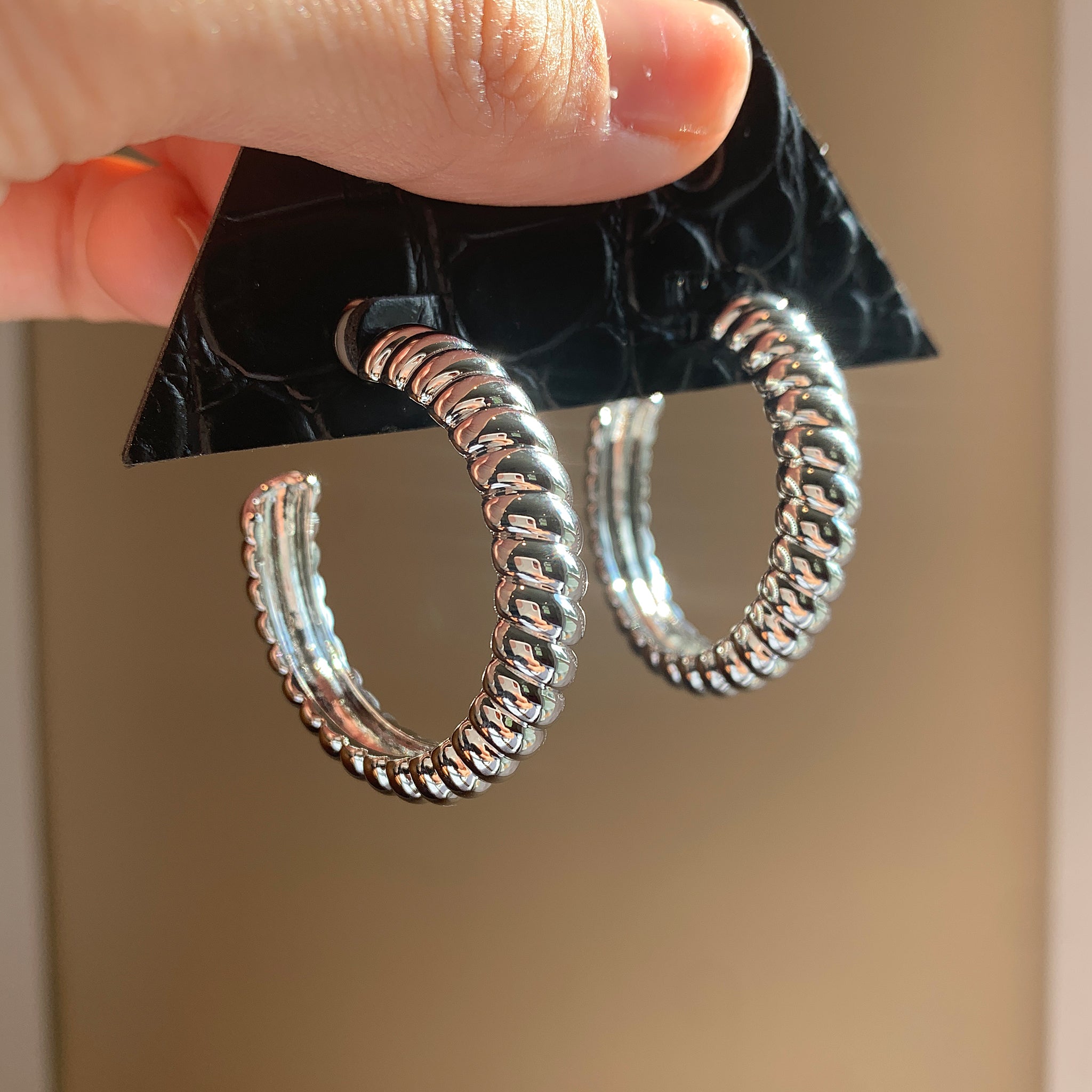 Luv Aj XL Ridged Hoop Earrings in Polished Rhodium Plated