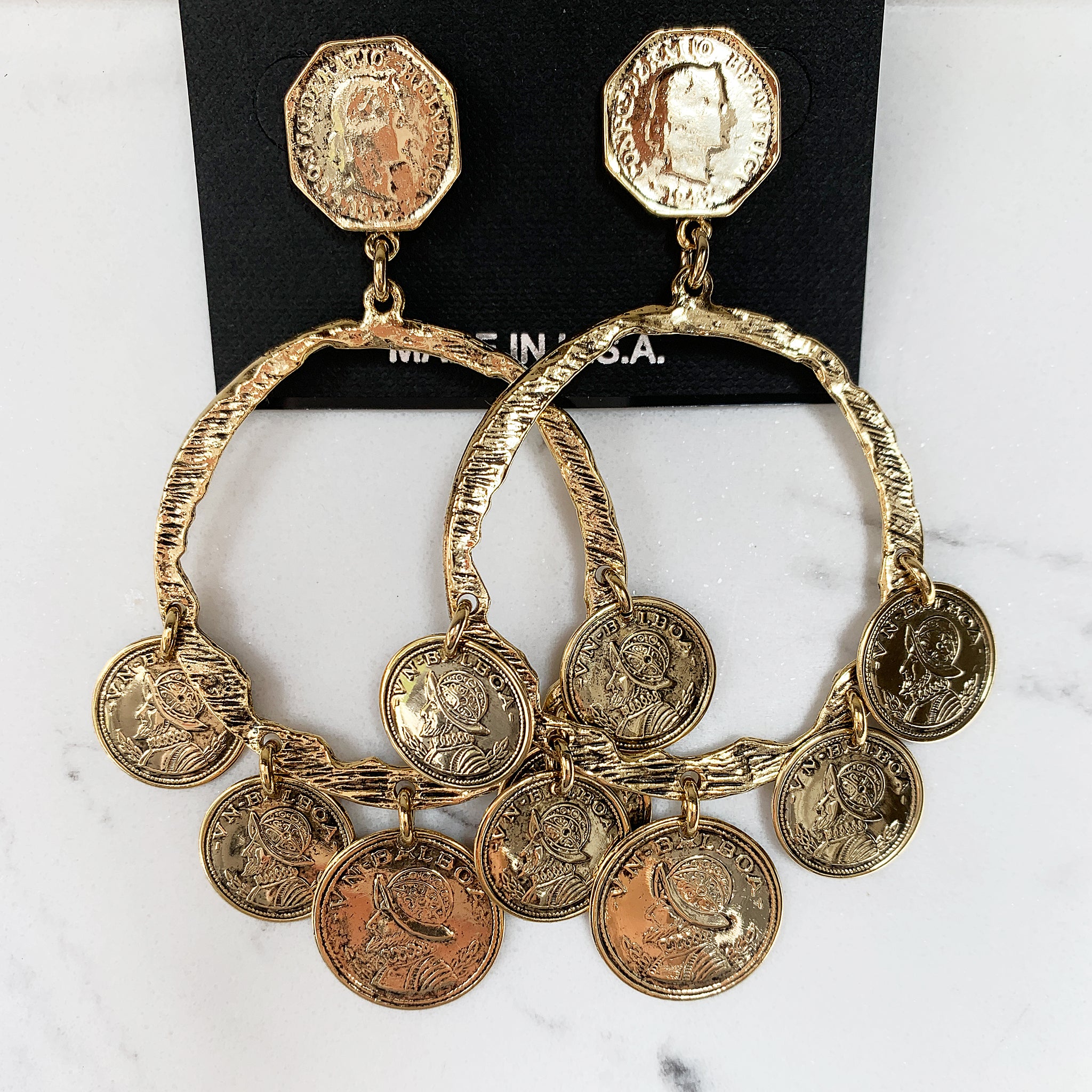 Yochi NY Tresora Large Statement Hoop Coin Charm Earrings in 22k Gold