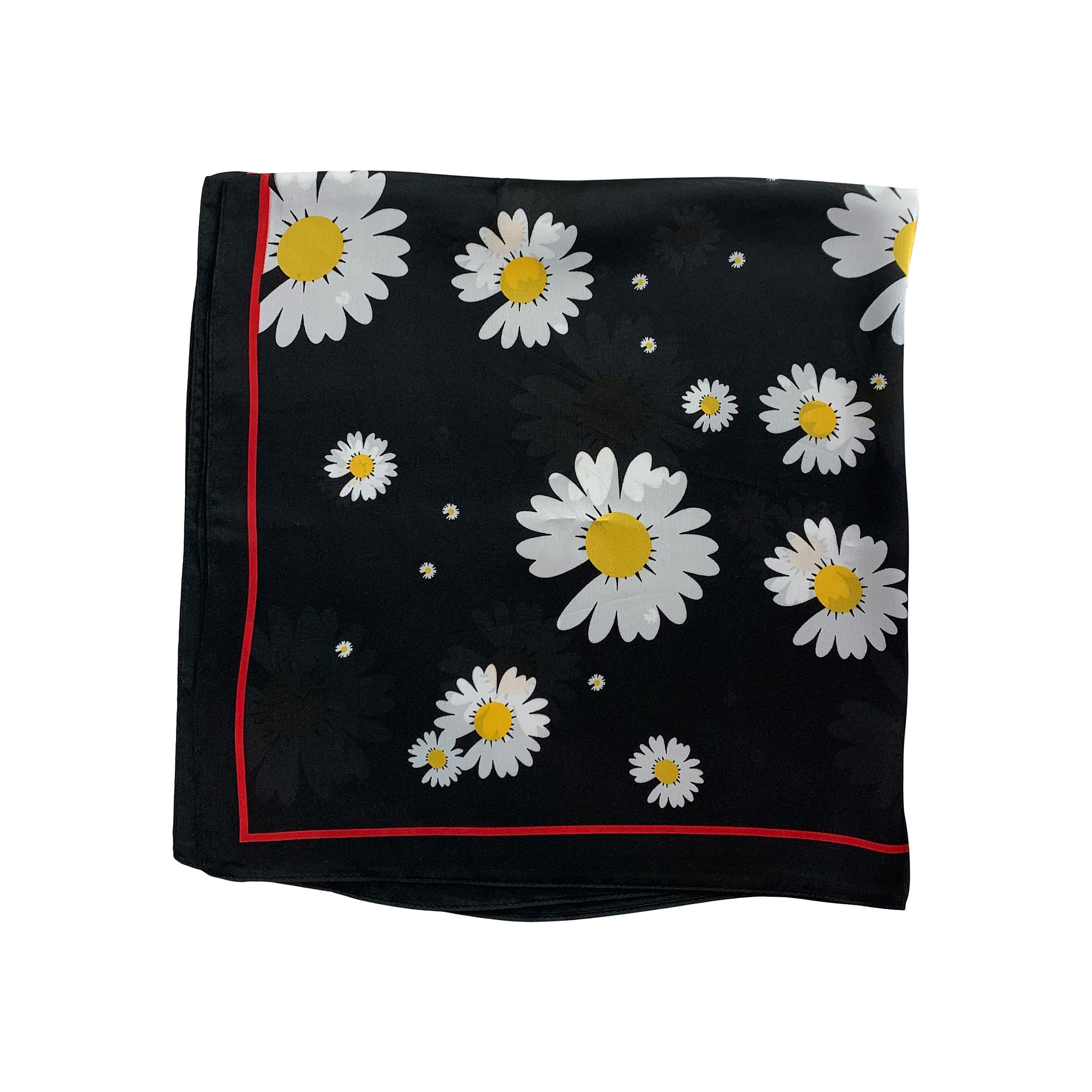Avenue Zoe Chamomile Print Silky Bandana Scarf in Black, White and Yellow Floral