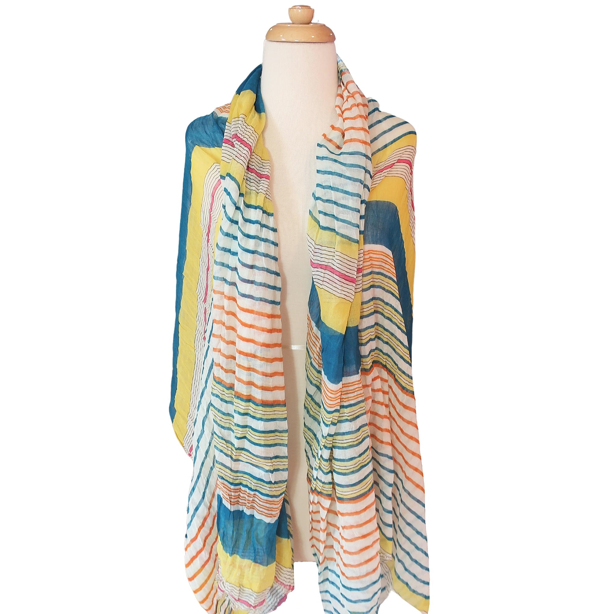 Blue Pacific Cotton Starburst Striped Scarf in Teal Blue and Yellow
