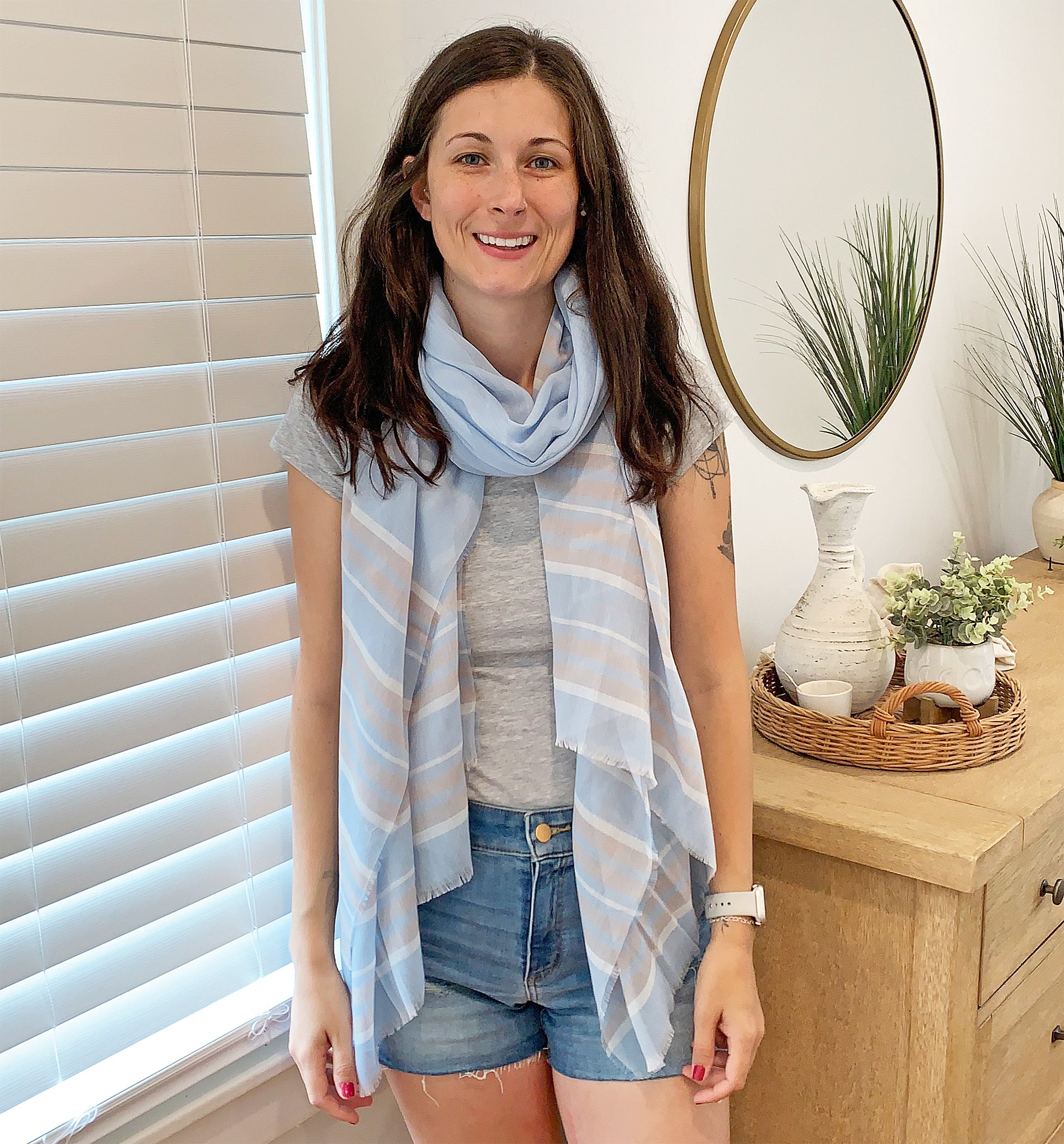 Blue Pacific Turkish Cotton Stripe Scarf in Powder Blue and Sand