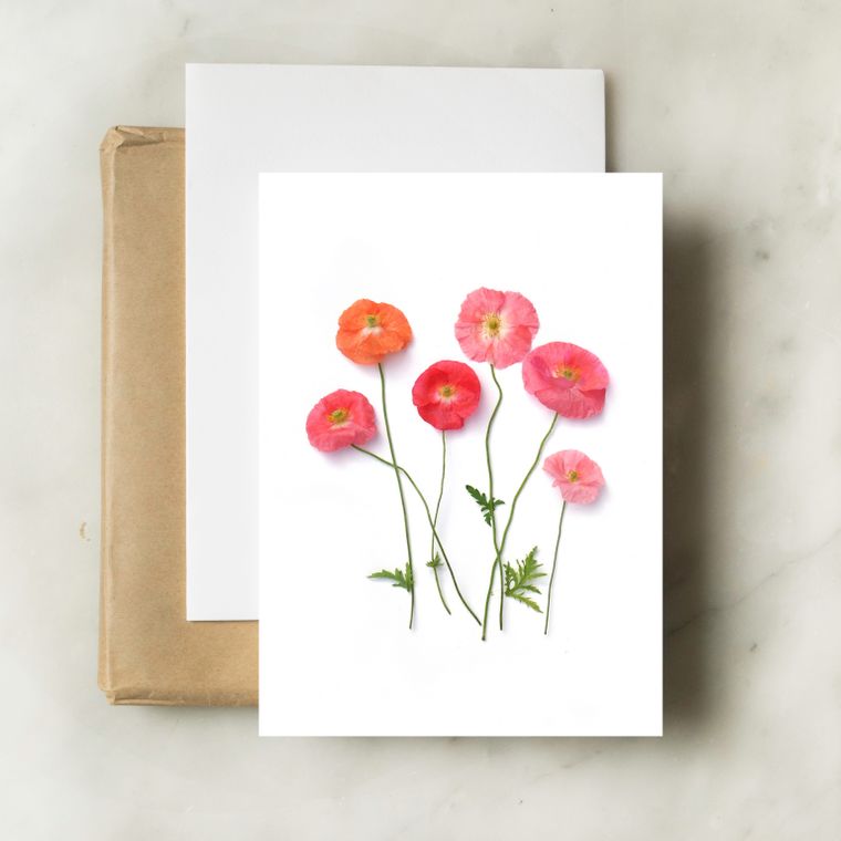 Blank Folding Greeting Card in Pink, Red, and Orange Poppies