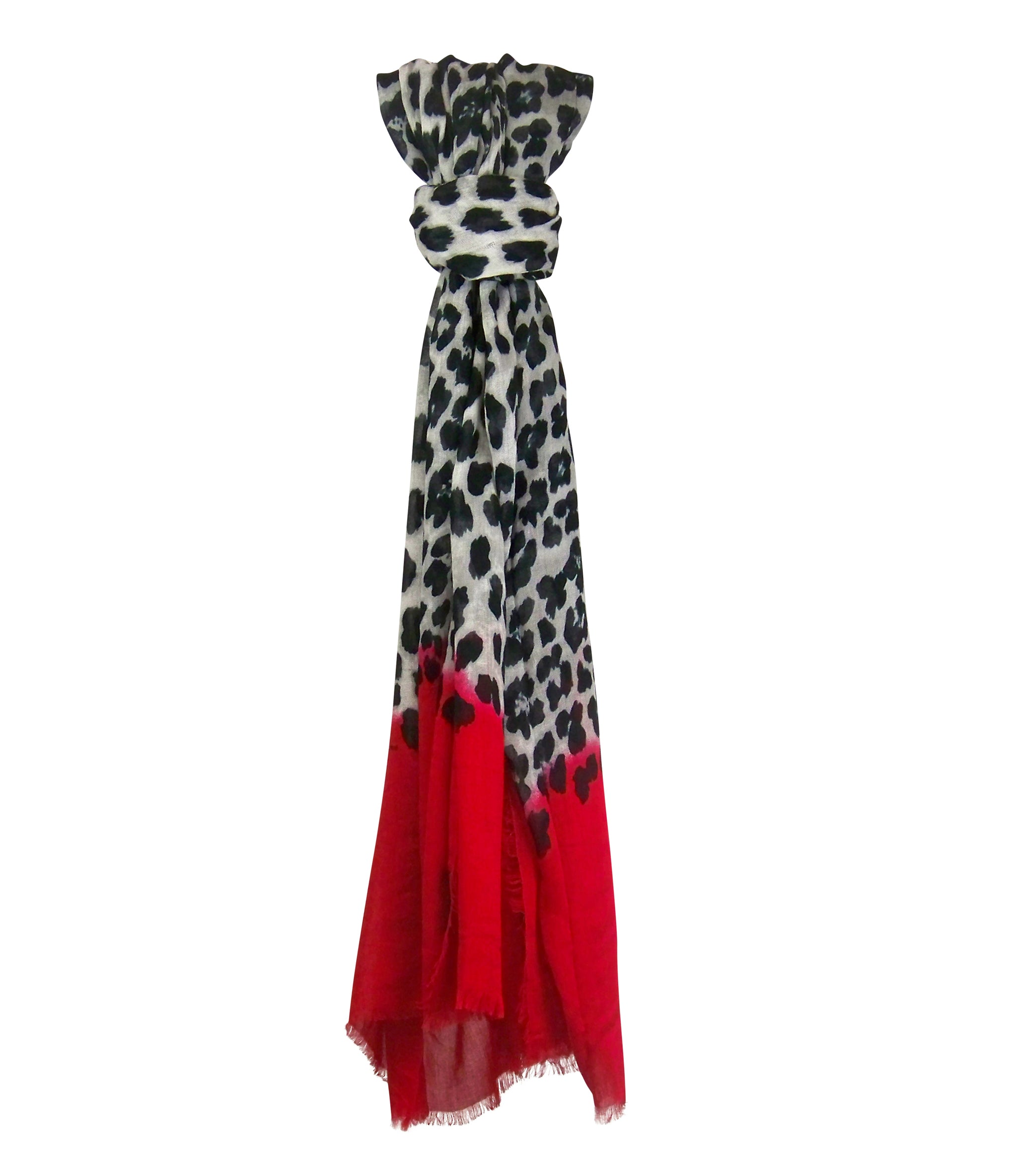 Knotted Hang Blue Pacific Animal Print Cashmere and Silk Scarf in Bright Red and Snow Grey