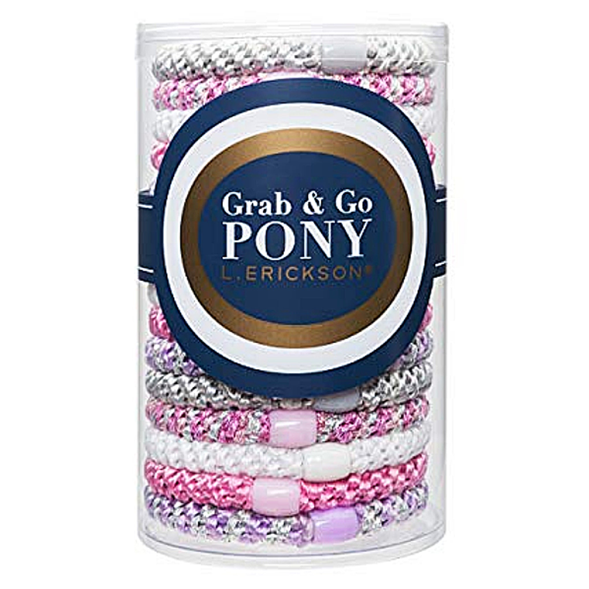 image of L. Erickson Grab and Go Pony Tube Hair Ties in Princess 15 Pack in gift tube