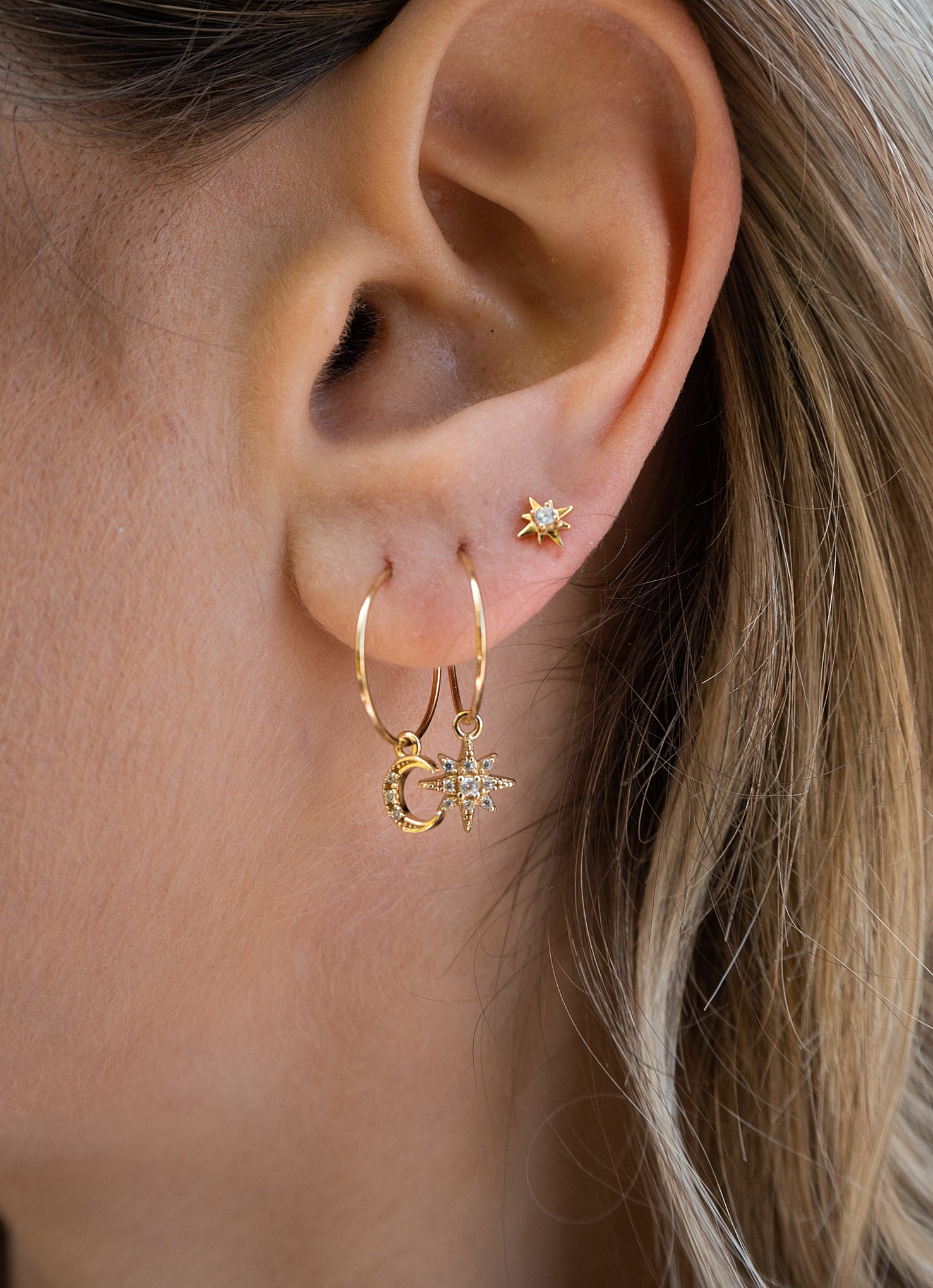 Five and Two Raye Hoop Star Moon Charm Earrings in 14k Gold Plated