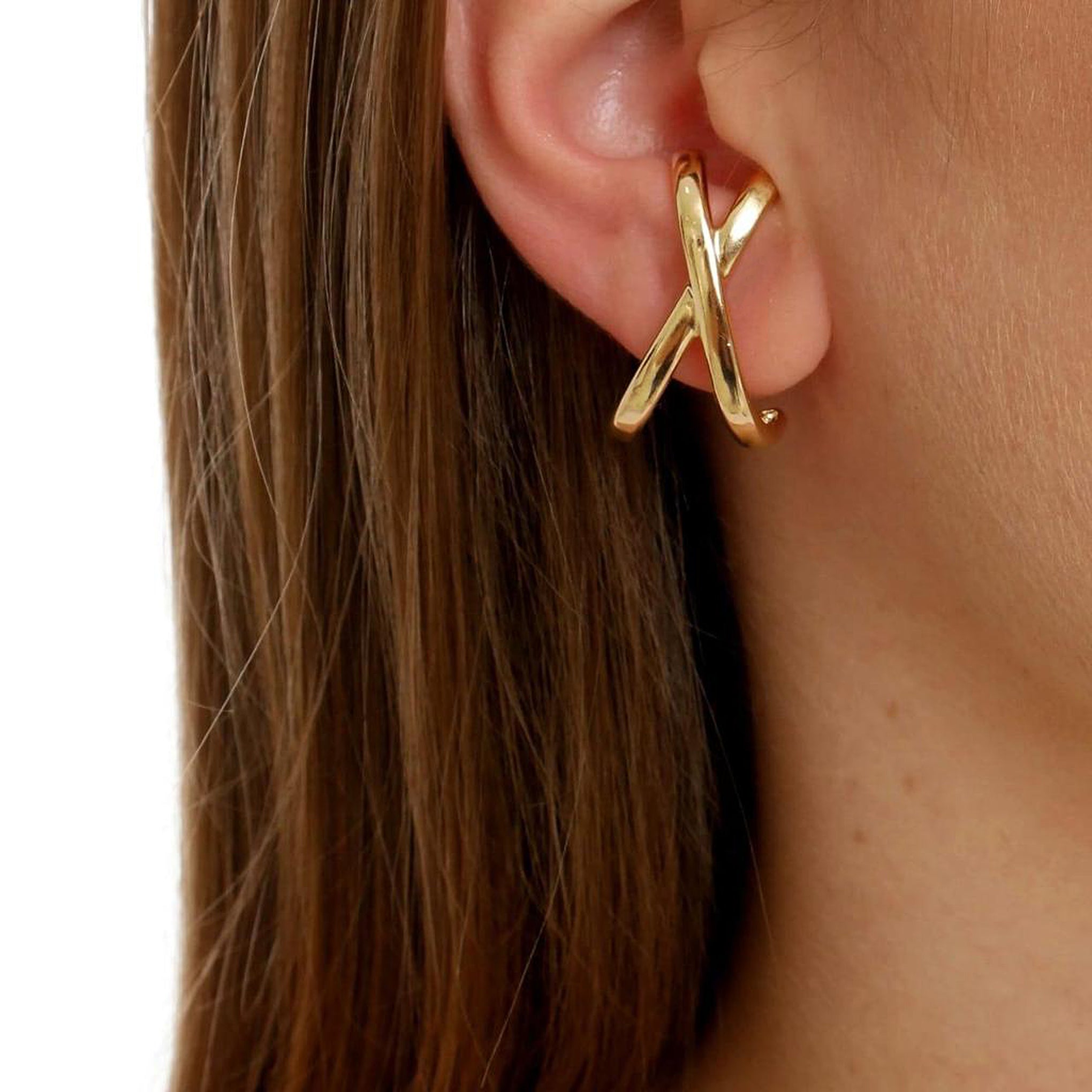 Sheila Fajl CrissCross Hug Ear Cuff Stud Earrings in Brushed Gold Plated
