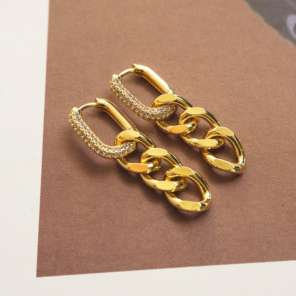 Luv Aj Hanging Pave Chain Link Huggie Hoop Earrings in CZ and Polished Gold
