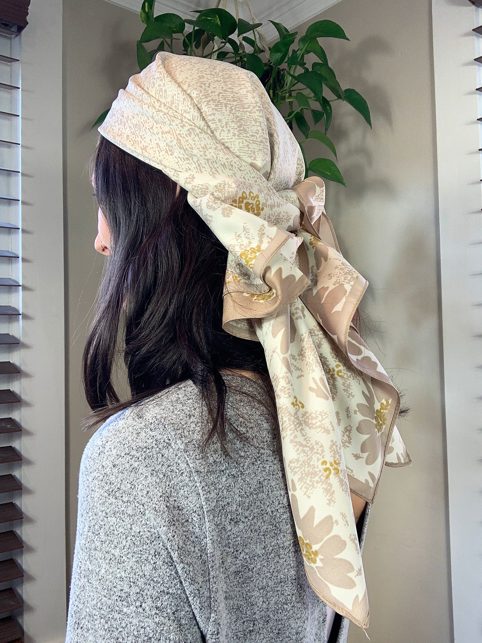 Avenue Zoe Floral Speckled Printed Silky Bandana Scarf in Beige