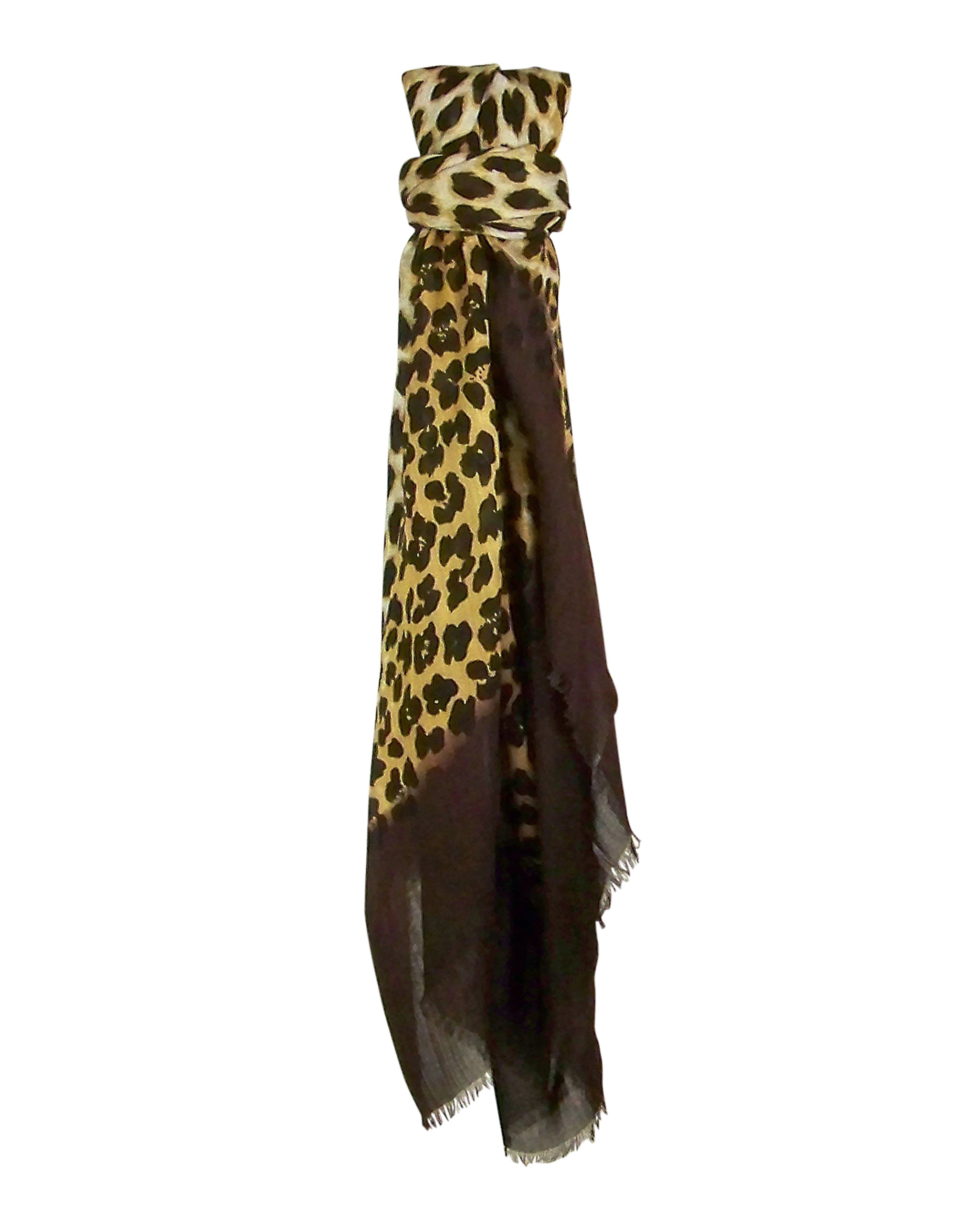 Knotted Hang Blue Pacific Animal Print Dip Cashmere and Silk Scarf in Dark Coffee Brown and Tan