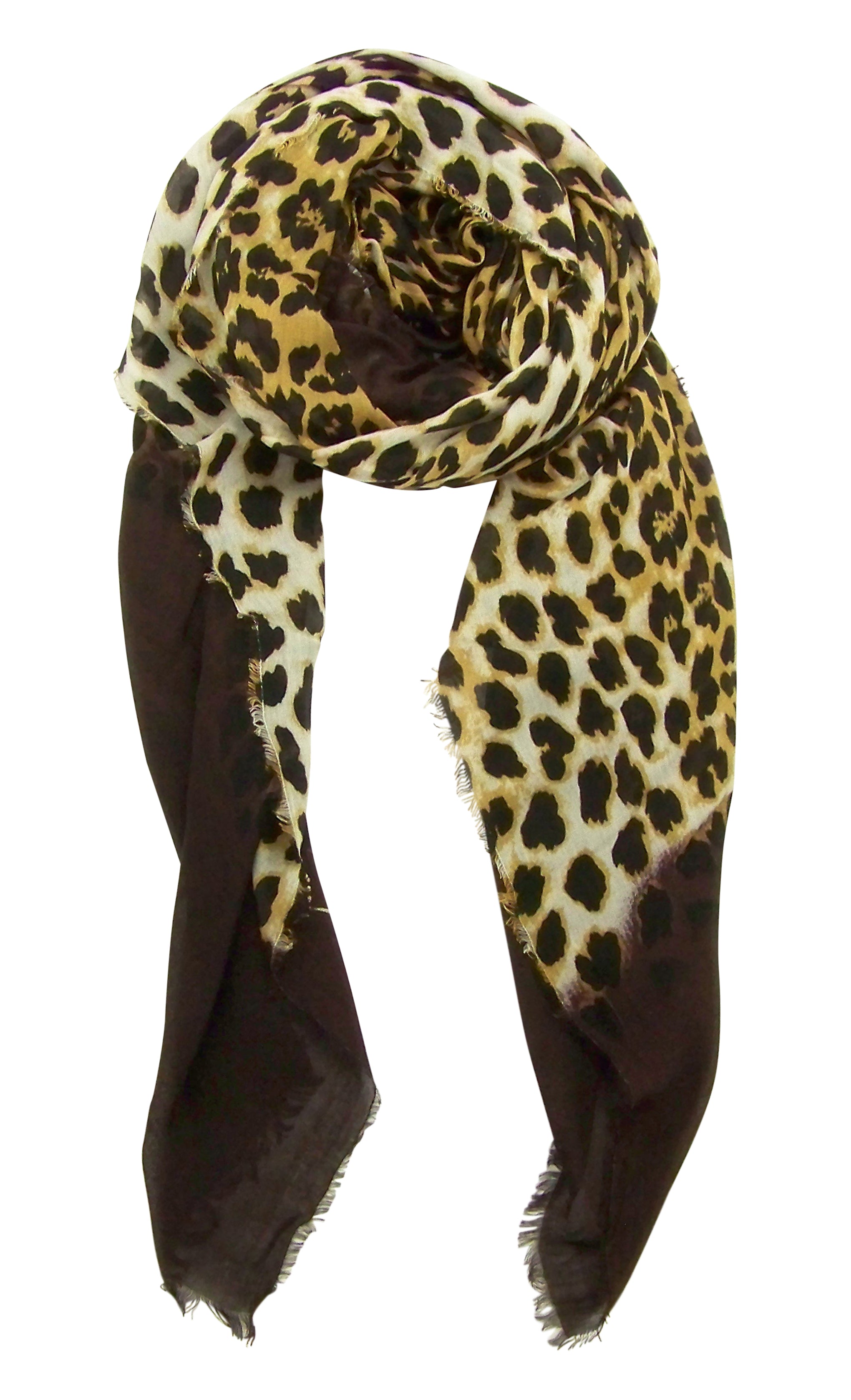 Primary Rolled View Blue Pacific Animal Print Dip Cashmere and Silk Scarf in Dark Coffee Brown and Tan