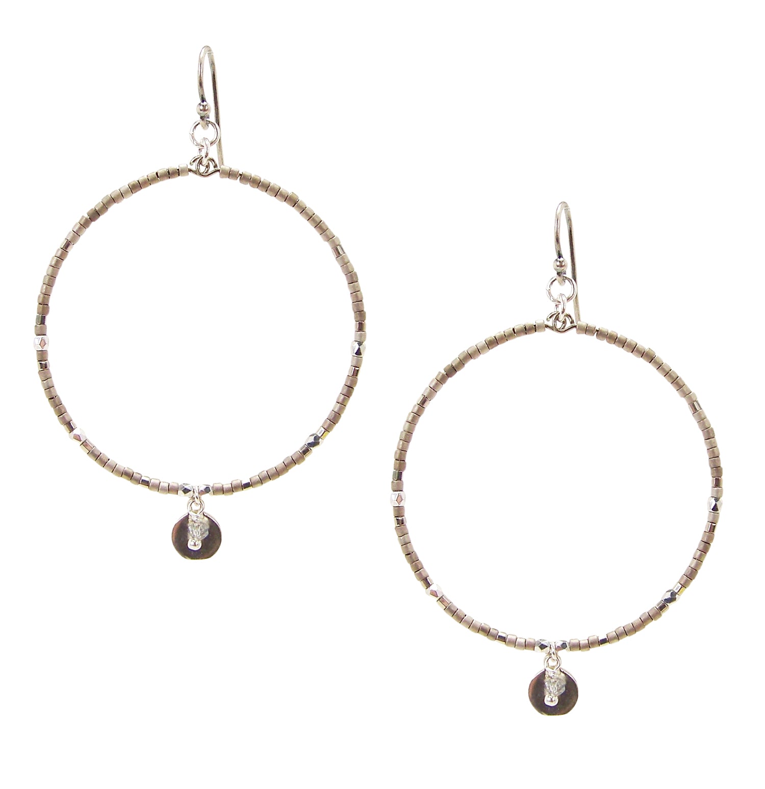 Chan Luu Silver Hoop Earrings with Grey Silver Seed Beads and Dangle Charm
