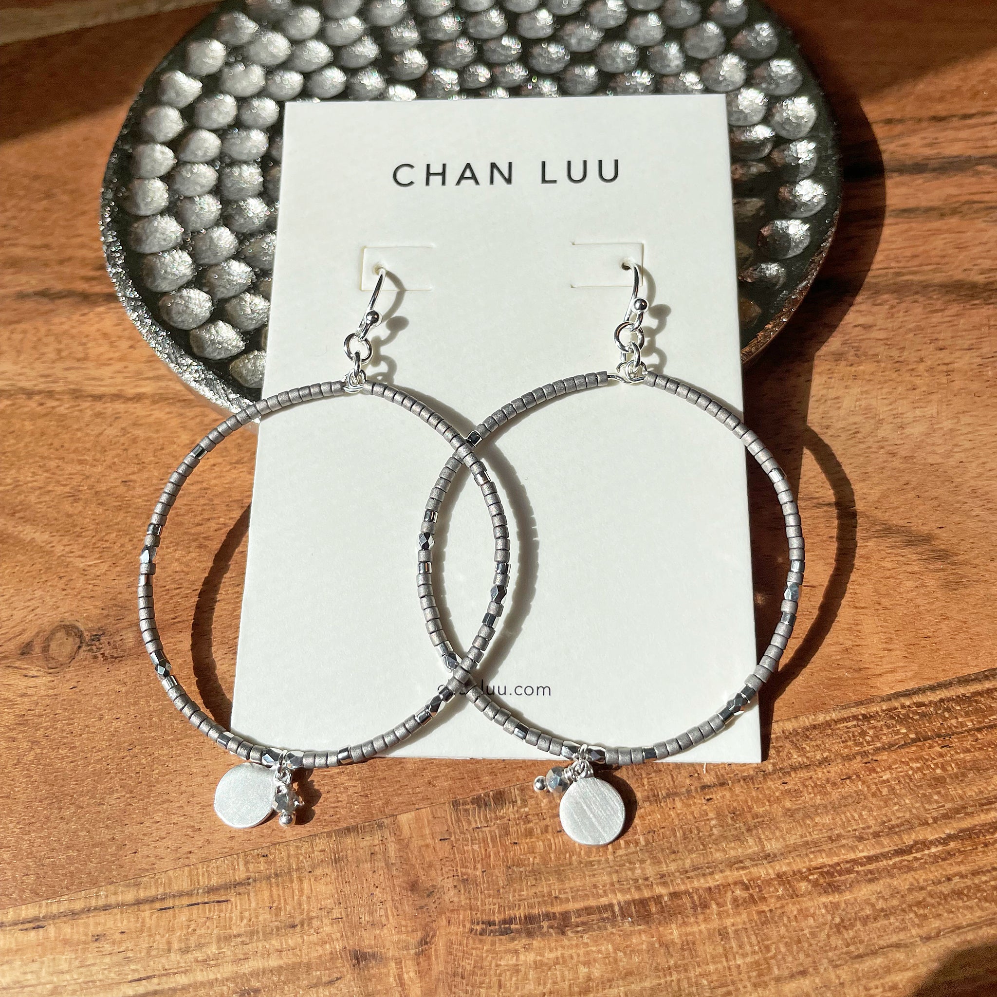 Chan Luu Silver Hoop Earrings with Grey Silver Seed Beads and Dangle Charm