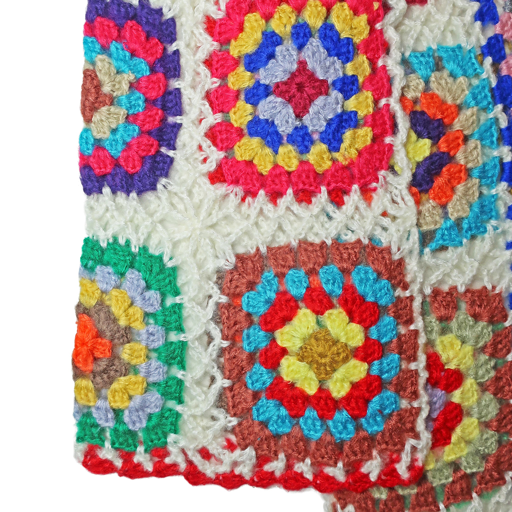 Saachi Granny Square Crocheted Long Hooded Kimono Sweater in White Multicolor