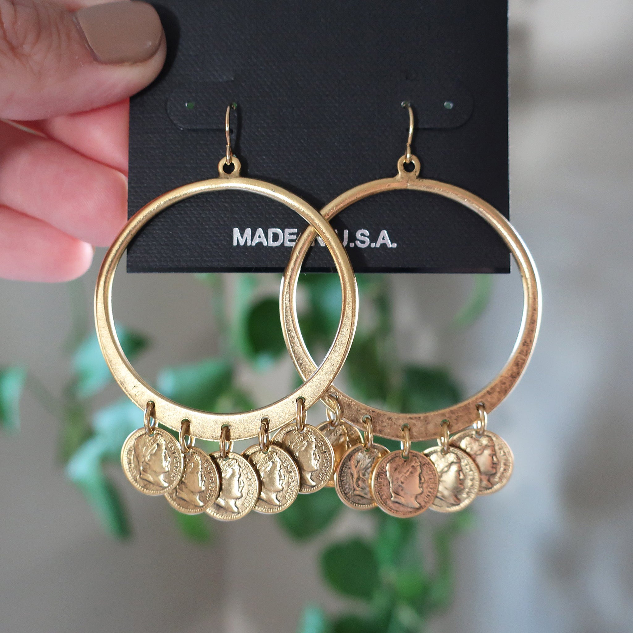 Yochi NY Ambrosio Large Statement Hoop Coin Charm Earrings in 22k Gold