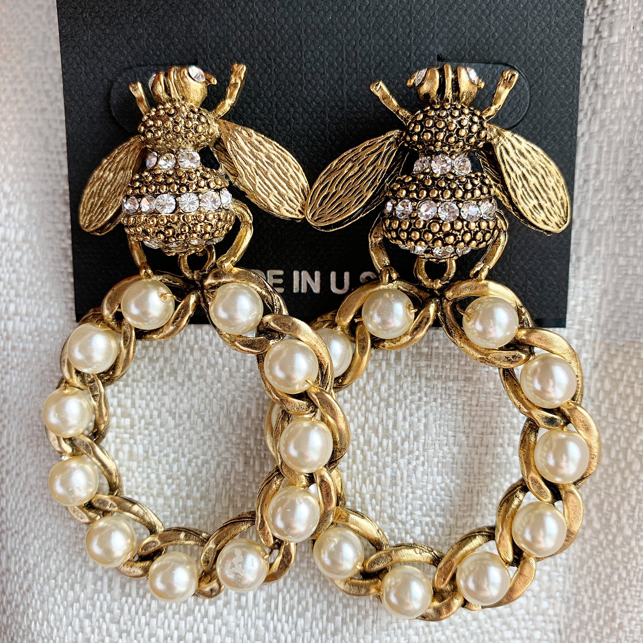 Yochi NY Gigi Bumble Bee Front Facing Pearl Large Hoop Earrings in 22k Gold