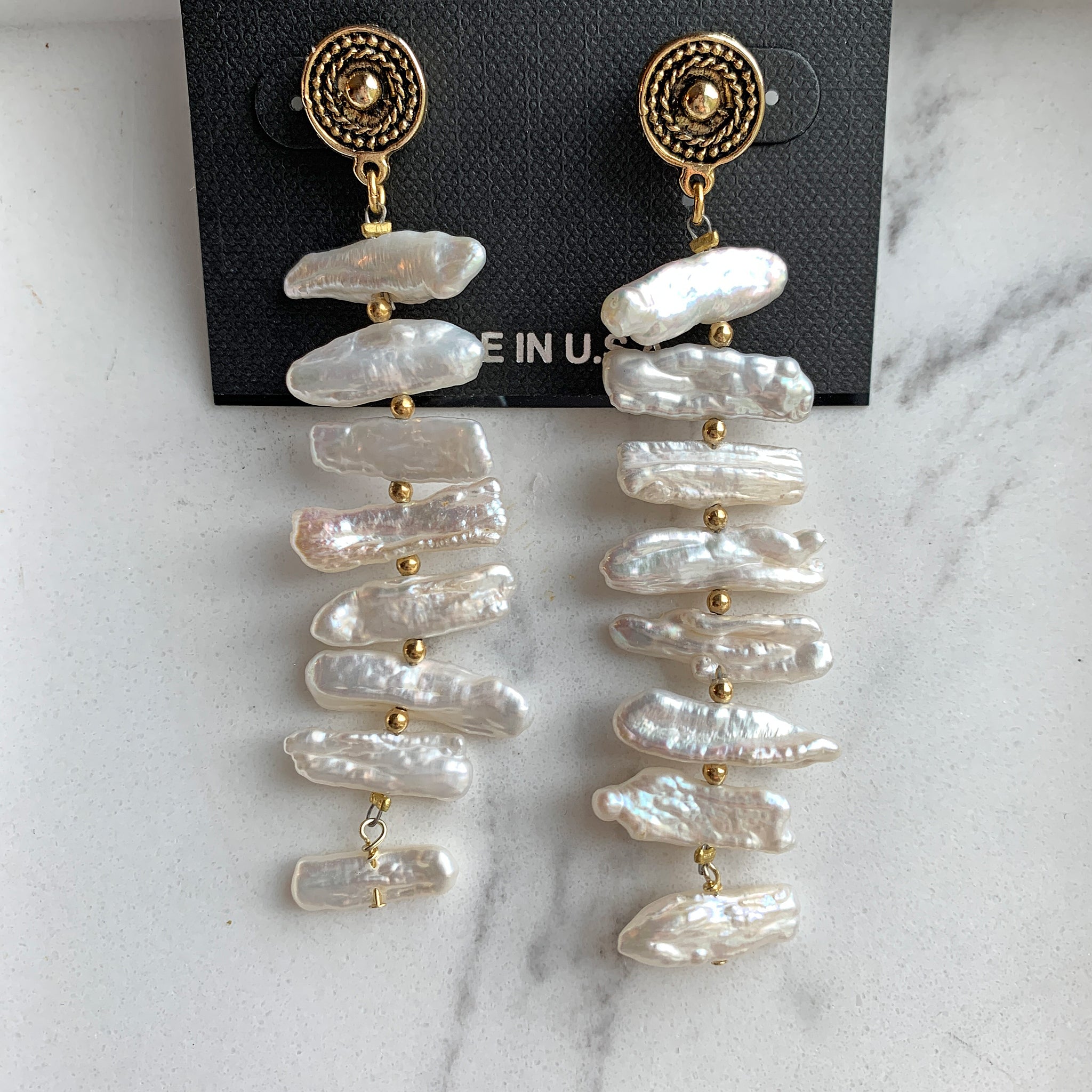 Yochi NY Gabriella Statement Dangle Freshwater Pearl Spine Earrings in 22k Gold