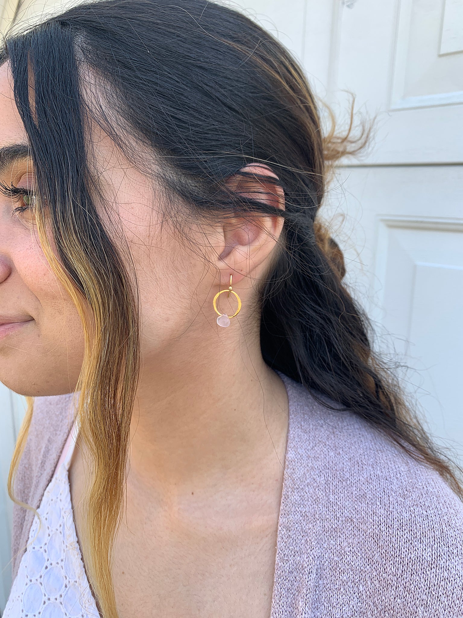 Chan Luu Front Facing Small Hoop Earrings in Rose Quartz Briolette and Gold