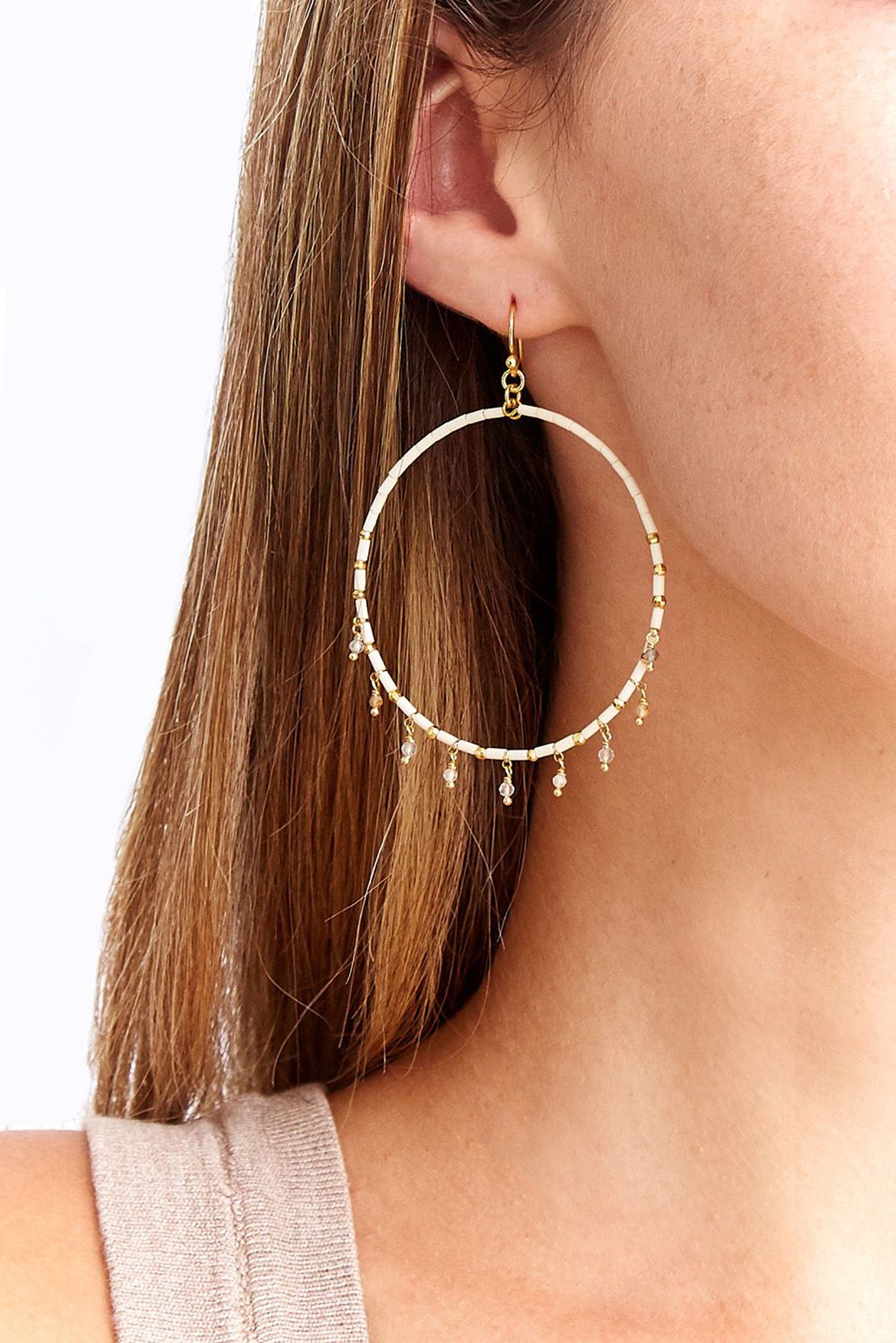 Chan Luu Gold Hoop Earrings in Cream Seed Beads with Labradorite Charms