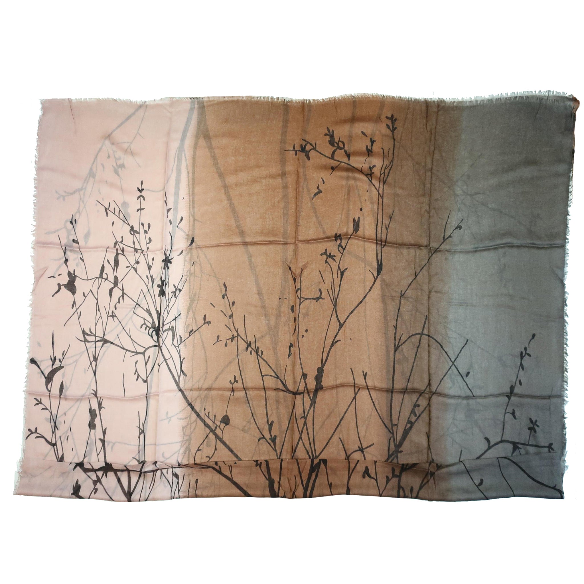 Blue Pacific Tree Print Cashmere and Silk Scarf in Taupe & Rust