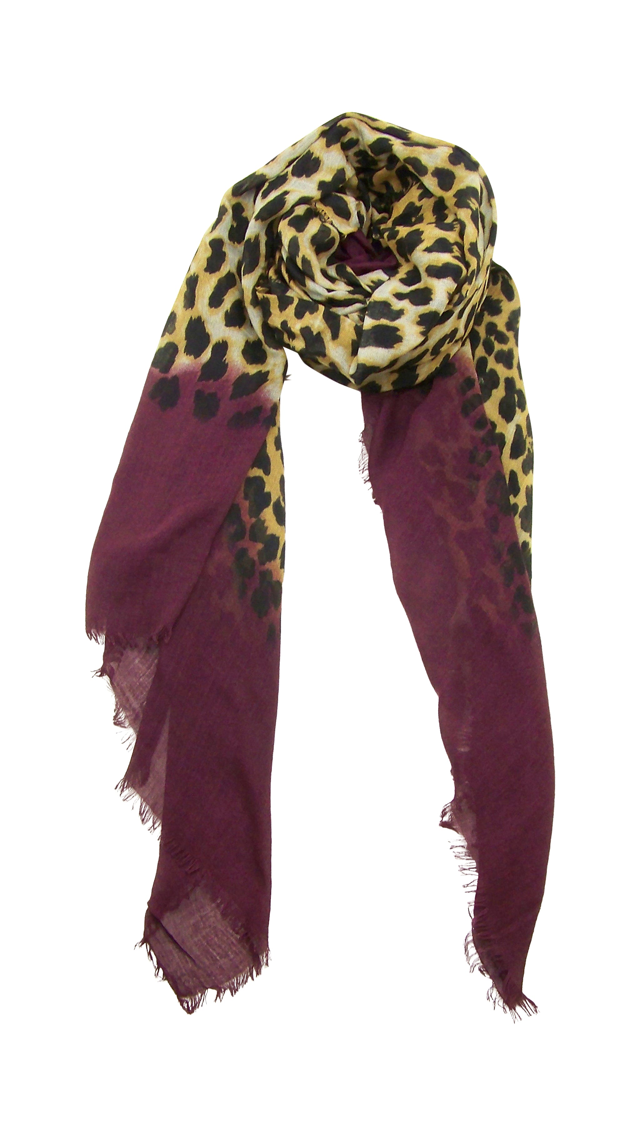 Primary Rolled View Blue Pacific Animal Print Cashmere and Silk Scarf in Burgundy Brown Purple Fig and Tan