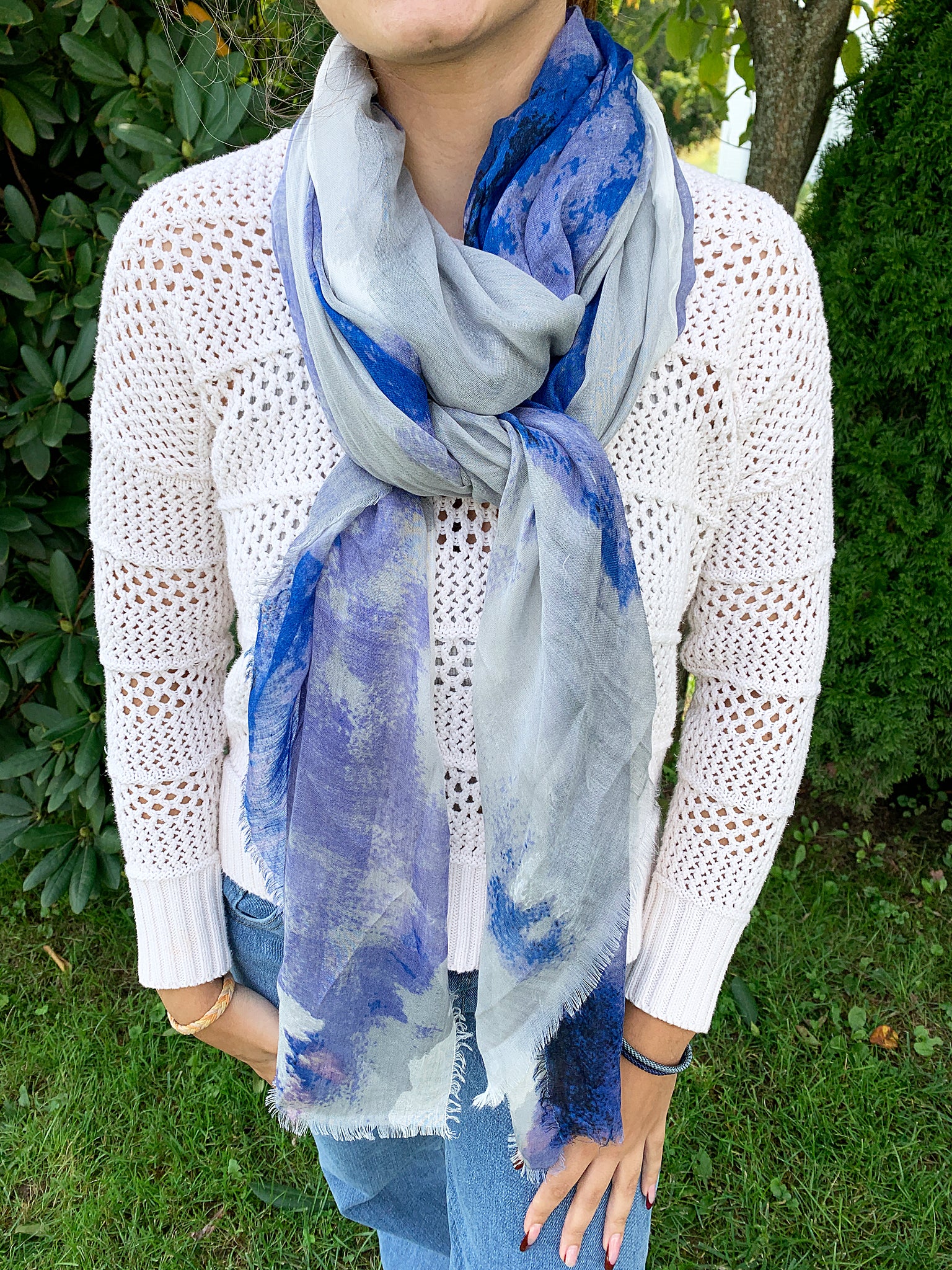 Blue Pacific Cashmere and Silk Watercolor Scarf in Denim Blue and Silver