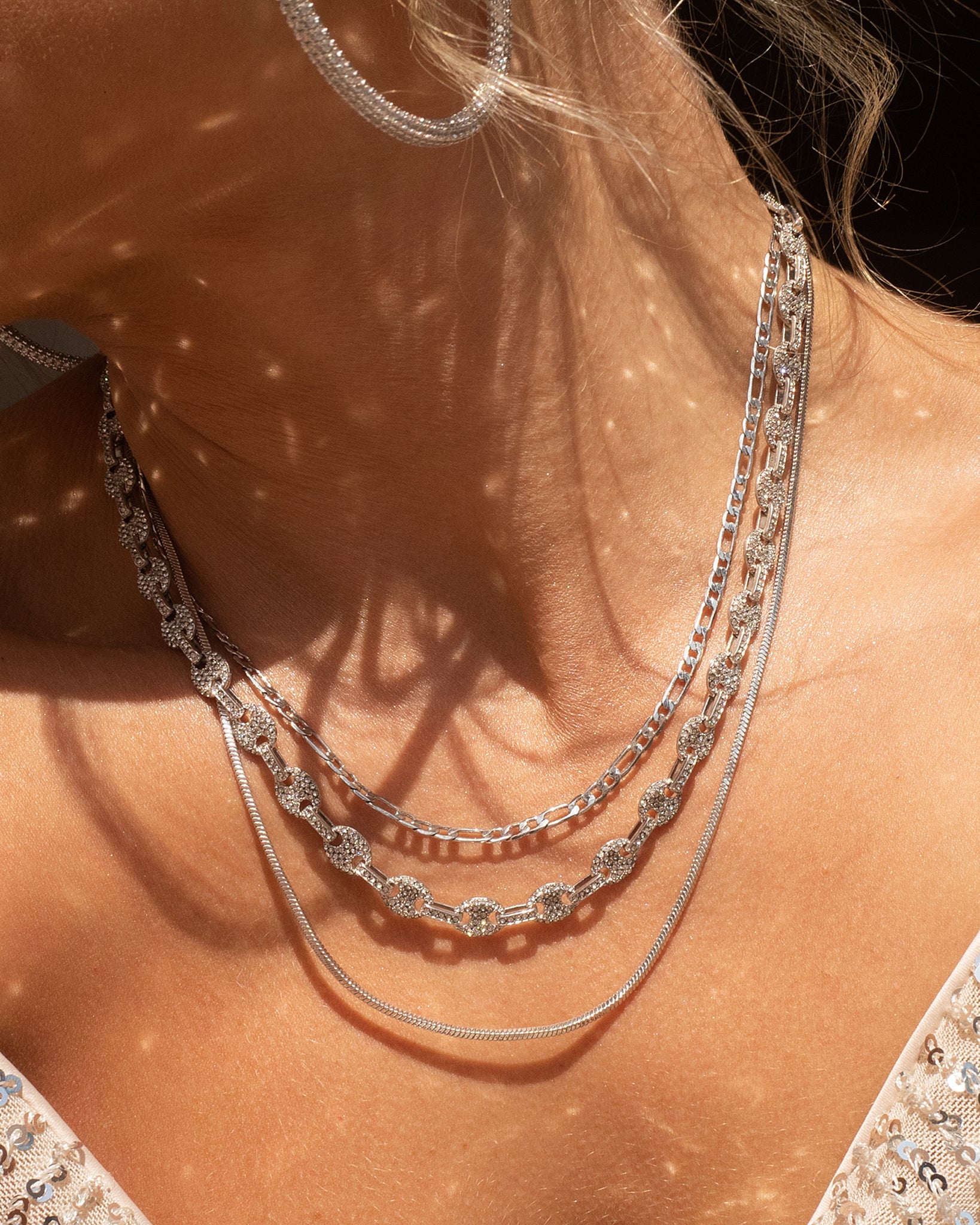 Luv Aj Cecilia Figaro and Herringbone Layering Double Chain Necklace in Rhodium